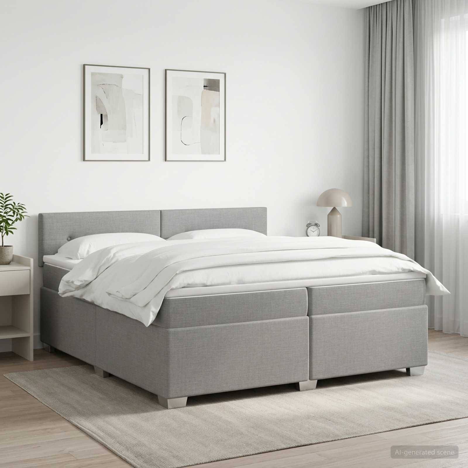 Ein modernes, minimalistisches Schlafzimmer mit einem grau gepolsterten Bett, das mit weißer Bettwäsche bezogen ist, Rahmenkunst darüber, einem Nachttisch, einer Lampe und transparenten Vorhängen.