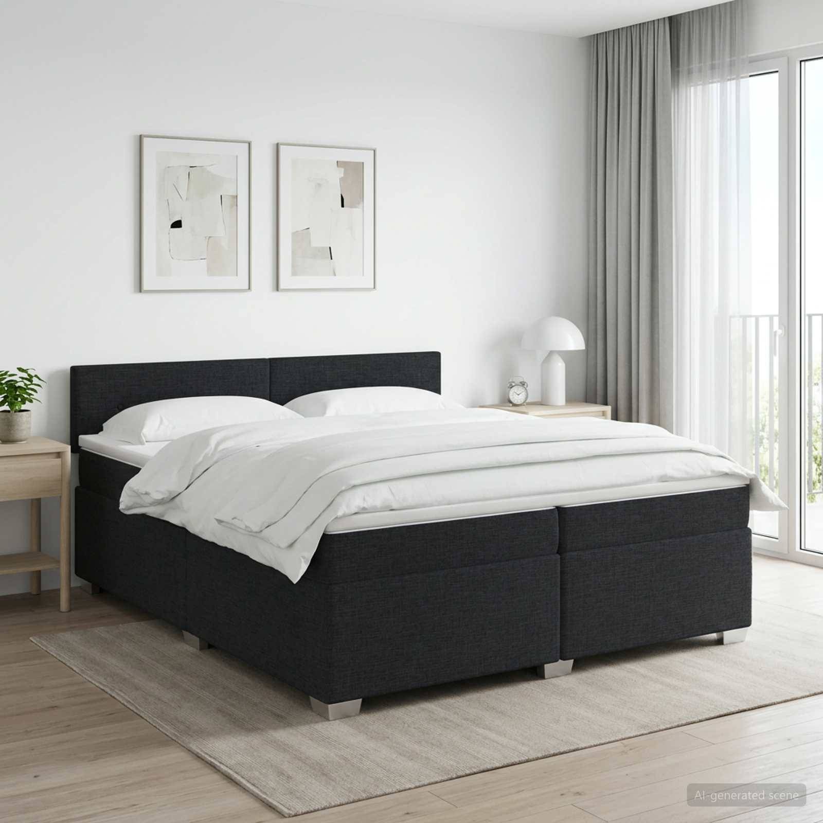 Modernes Schlafzimmer mit einem schwarzen gepolsterten Bett, weißer Bettwäsche, gerahmten Wandbildern, Nachttischen und großen Fenstern mit durchsichtigen Gardinen.