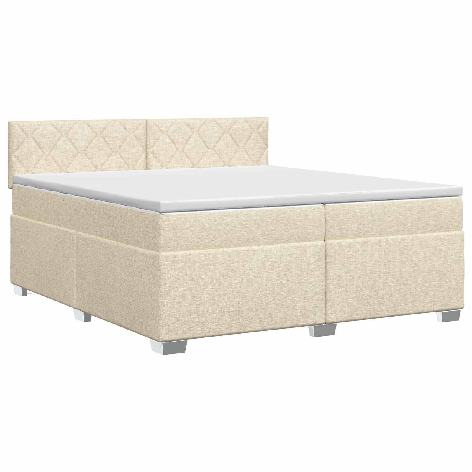 Beige gepolstertes Bettgestell mit gepolstertem Kopfteil und weißer Matratze auf weißem Hintergrund.
