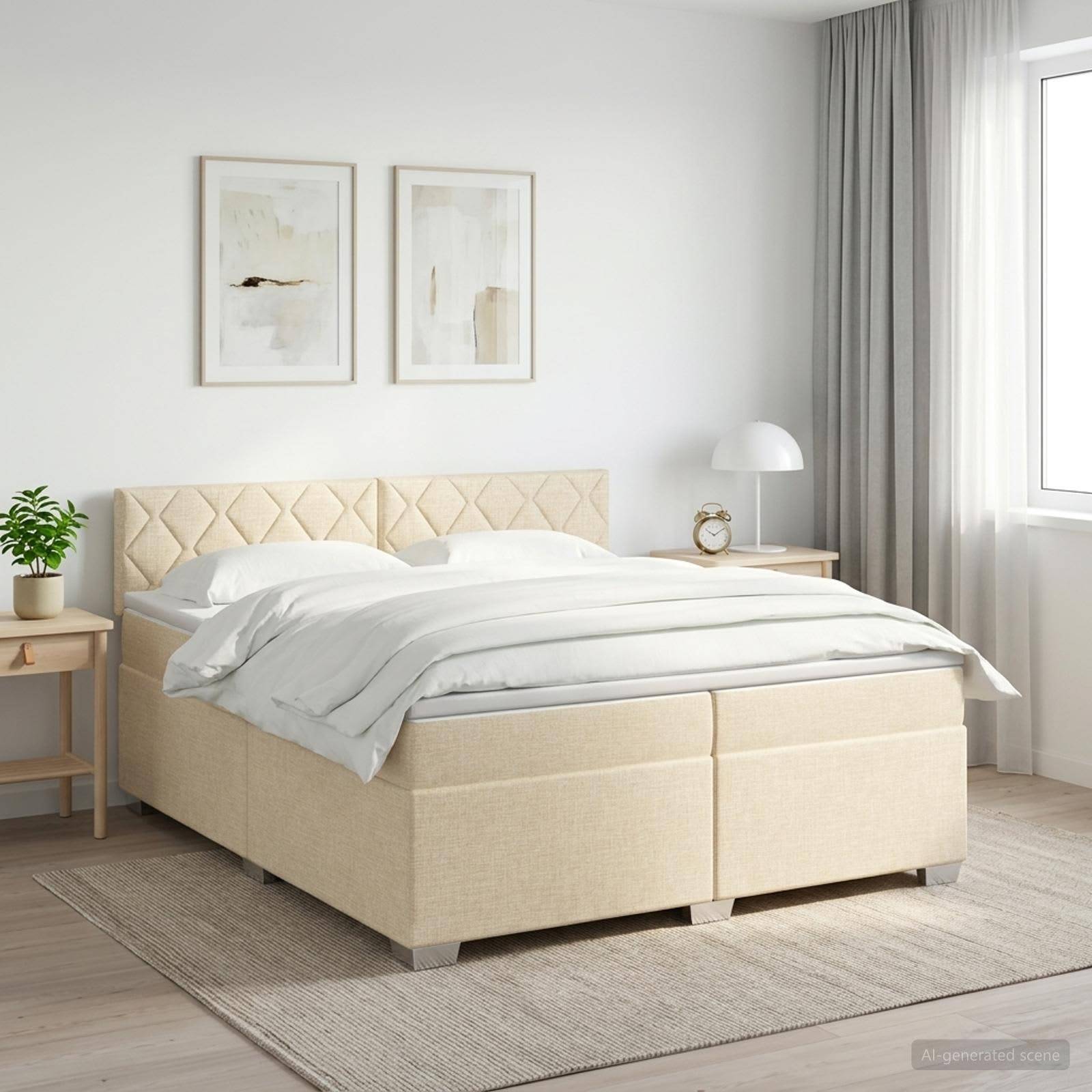 Helles minimalistisches Schlafzimmer mit einem beigen gepolsterten Bett, weißer Bettwäsche, Nachttischen, Bildern in Rahmen, Lampe, Pflanze und Fenster mit Vorhängen.