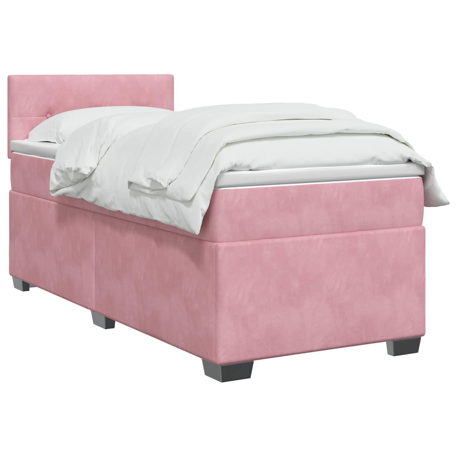 Rosa gepolstertes Einzelbett mit weißer Bettwäsche auf weißem Hintergrund, dargestellt in einer produktstilgerechten Ansicht.
