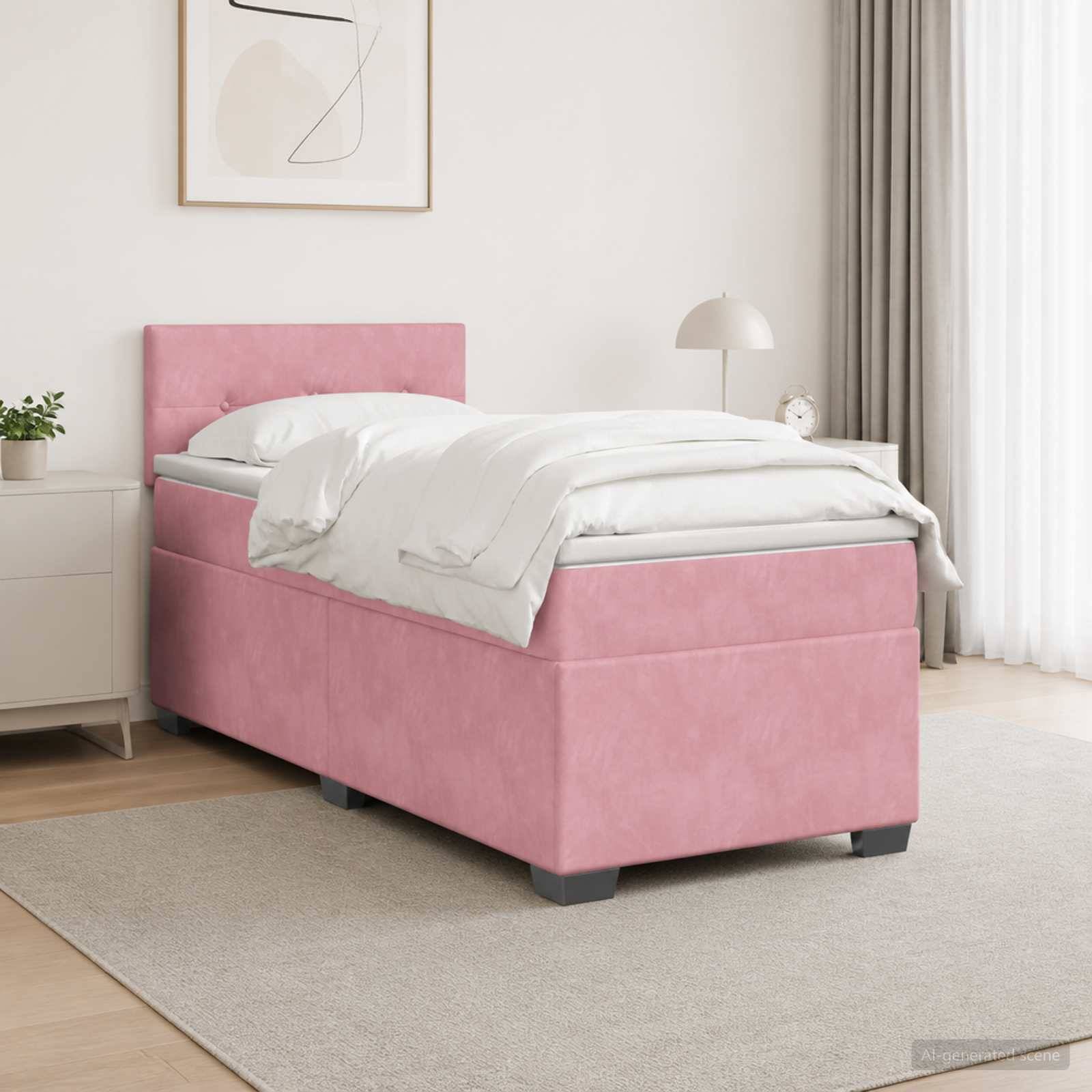 Rosafarbenes, gepolstertes Einzelbett mit weißer Bettwäsche in einem hellen minimalistischen Schlafzimmer.