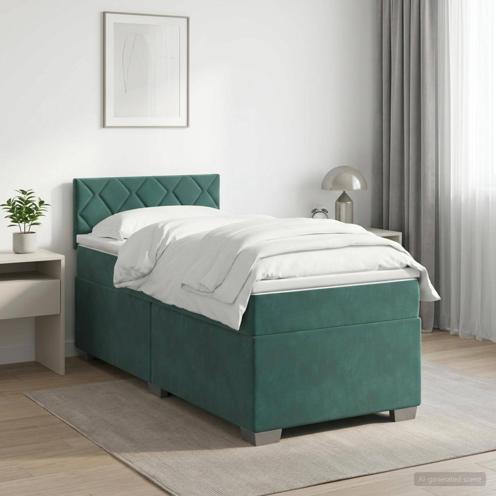 Grünes gepolstertes Einzelbett in einem hellen modernen Schlafzimmer mit weißer Bettwäsche, Nachttisch, Lampe, Pflanze und transparenten Vorhängen.