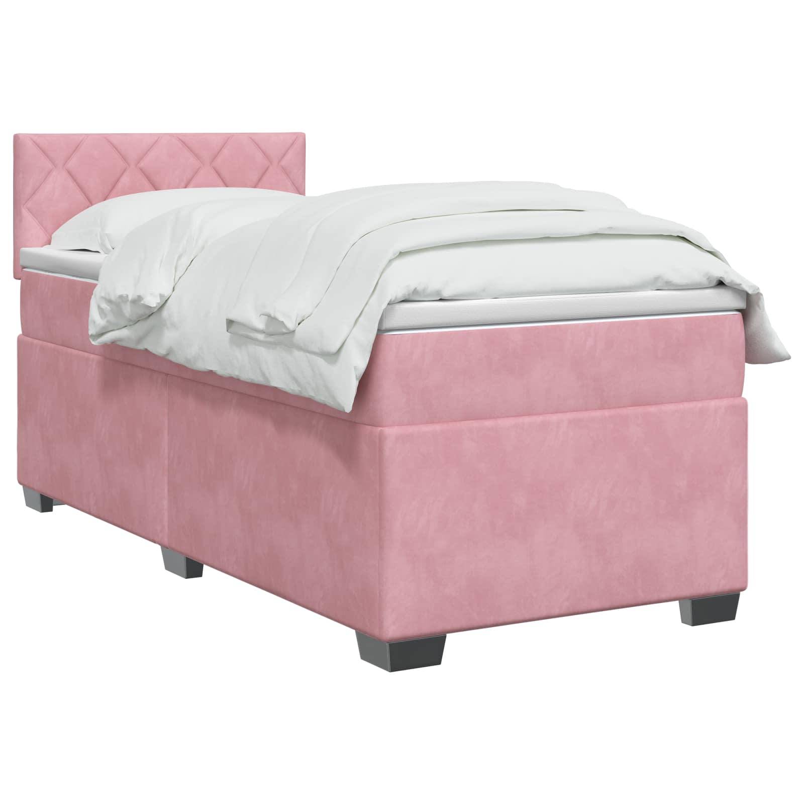 Rosa gepolstertes Einzelbett mit gestepptem Kopfteil, weiße Bettwäsche und graue Beine auf weißem Hintergrund.