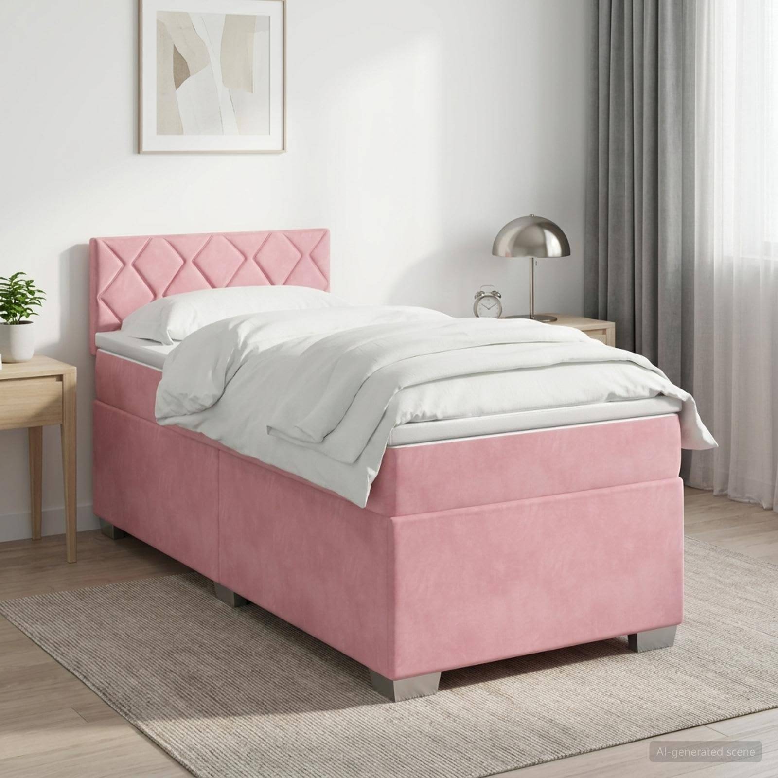 Rosa gepolstertes Einzelbett mit gestepptem Kopfteil und weißer Bettwäsche in einem hellen modernen Schlafzimmer.