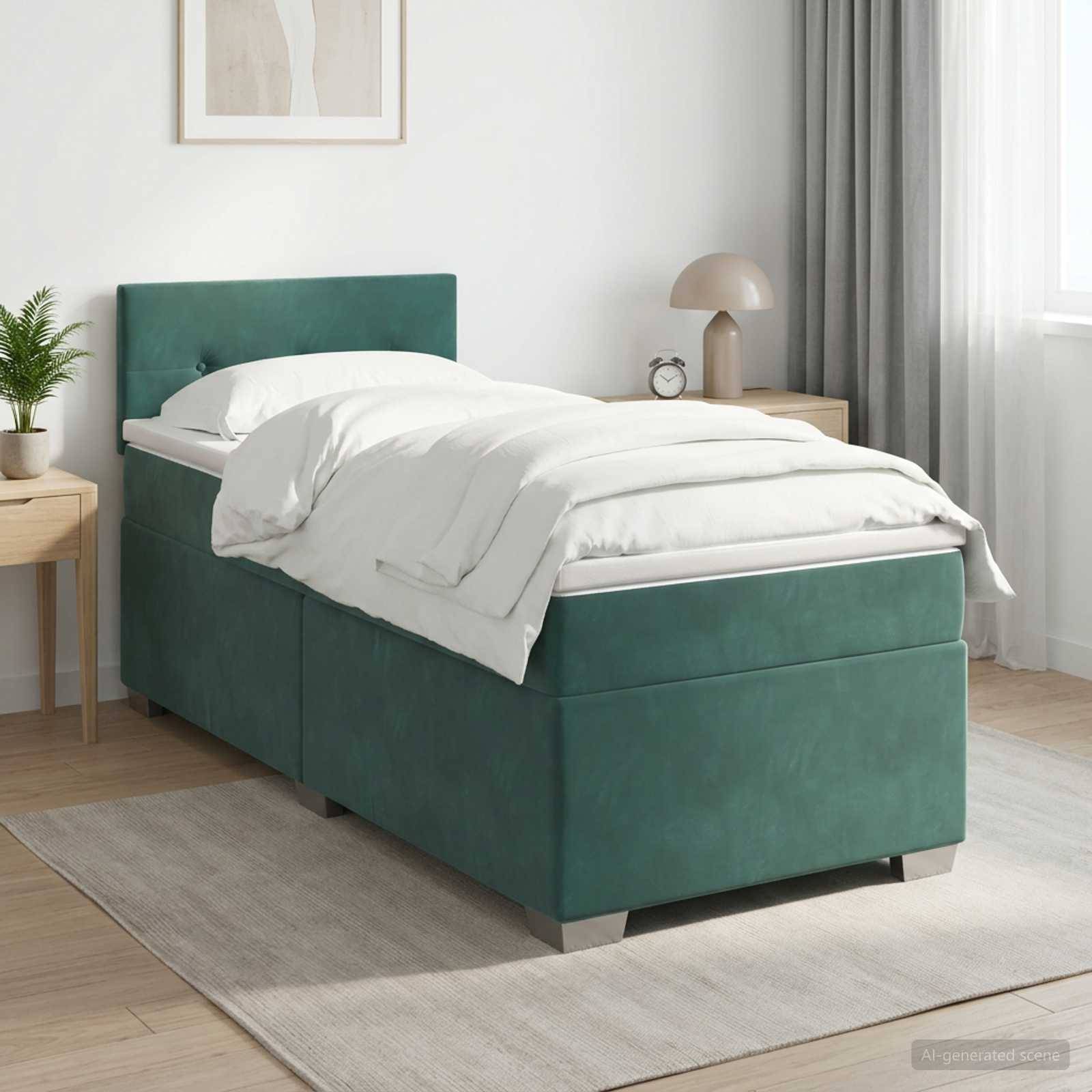 Türkisfarbenes Polsterbett mit weißer Bettwäsche in einem hellen, minimalistischen Schlafzimmer, gezeigt mit passenden Nachttischen und Teppich.