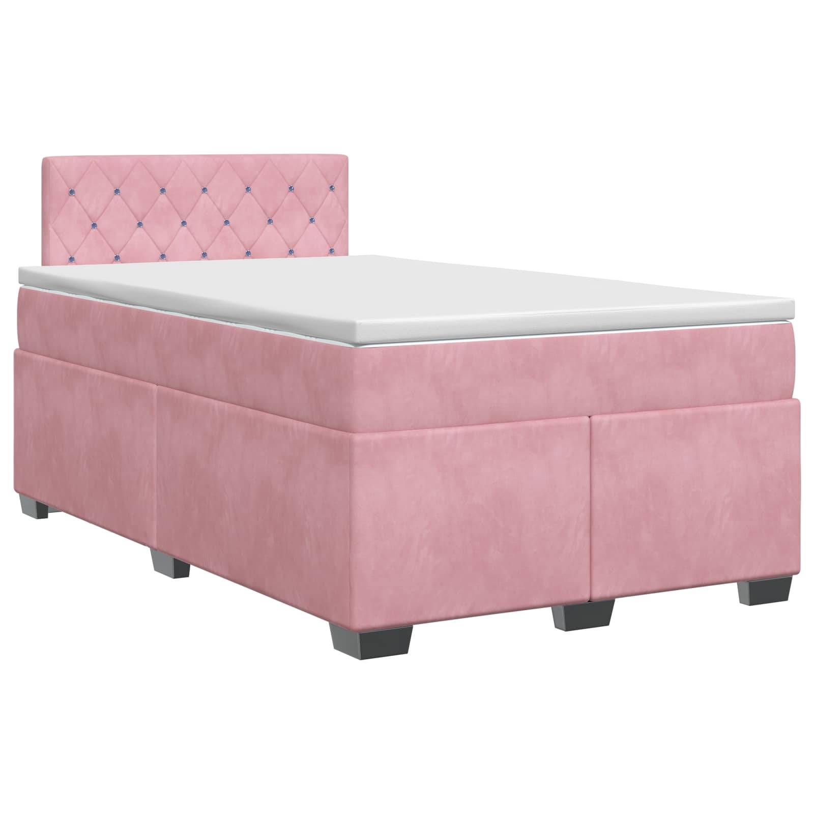 Rosa gepolstertes Einzelbett mit gestepptem Kopfteil und grauer Matratze auf weißem Hintergrund.