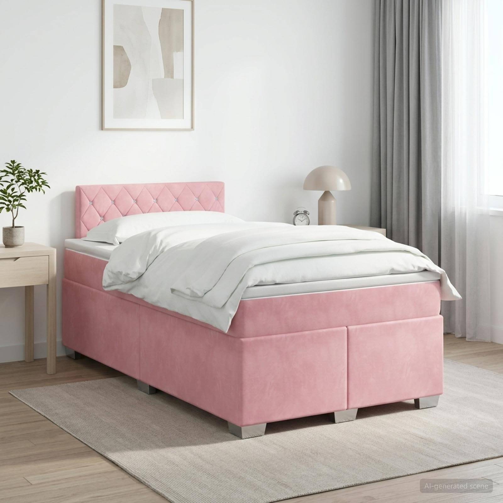 Rosa gepolstertes Bett mit weißer Bettwäsche in einem hellen minimalistischen Schlafzimmer, neben einem kleinen Tisch, einer Lampe, einer Pflanze und einem Fenster mit Vorhängen.