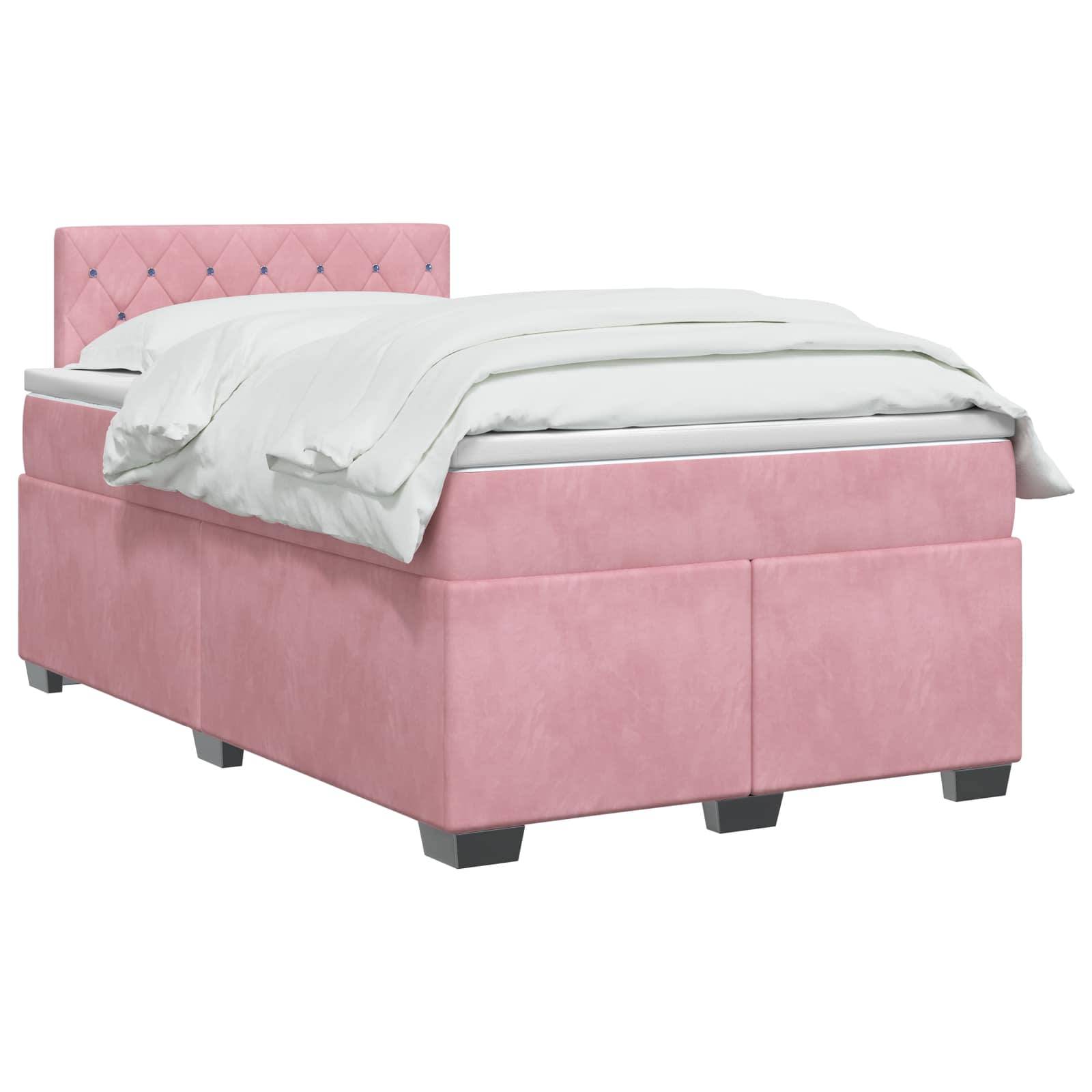 Rosa gepolstertes Bett mit gestepptem Kopfteil und weißer Bettwäsche auf weißem Hintergrund.