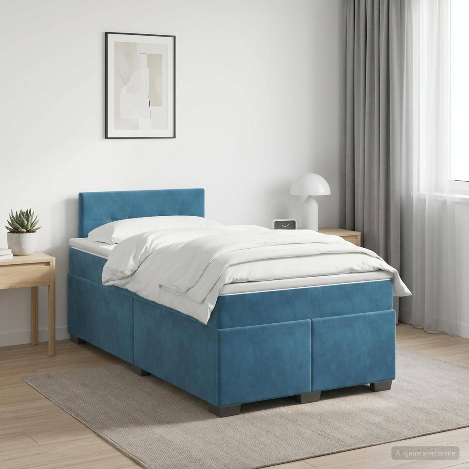 Blau gepolstertes Bett in einem hellen minimalistischen Schlafzimmer, ausgestattet mit weißer Bettwäsche und flankiert von kleinen Holznachttischen und einem Fenster mit Vorhängen.