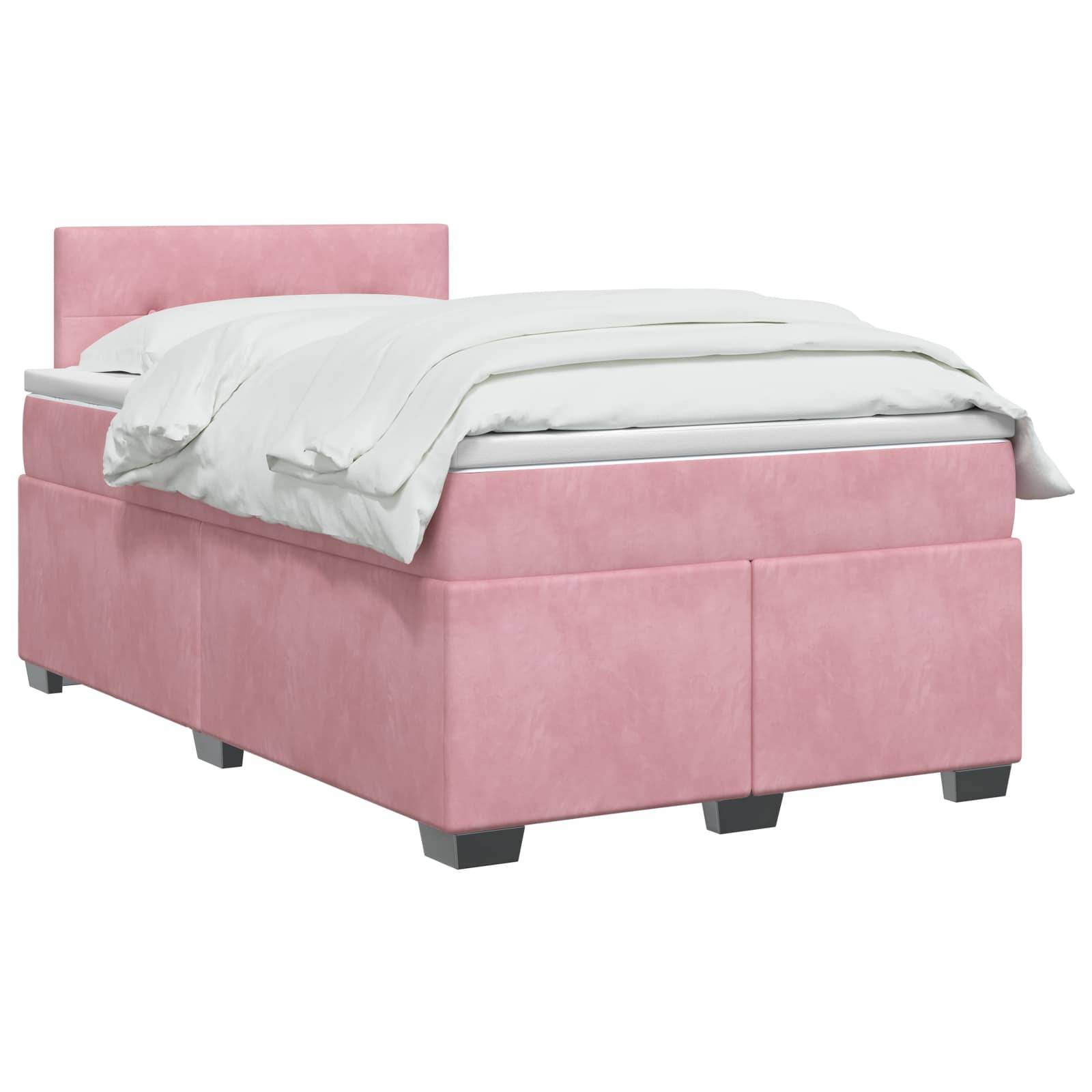 Rosa gepolstertes Einzelbett mit weißer Bettwäsche auf weißem Hintergrund.