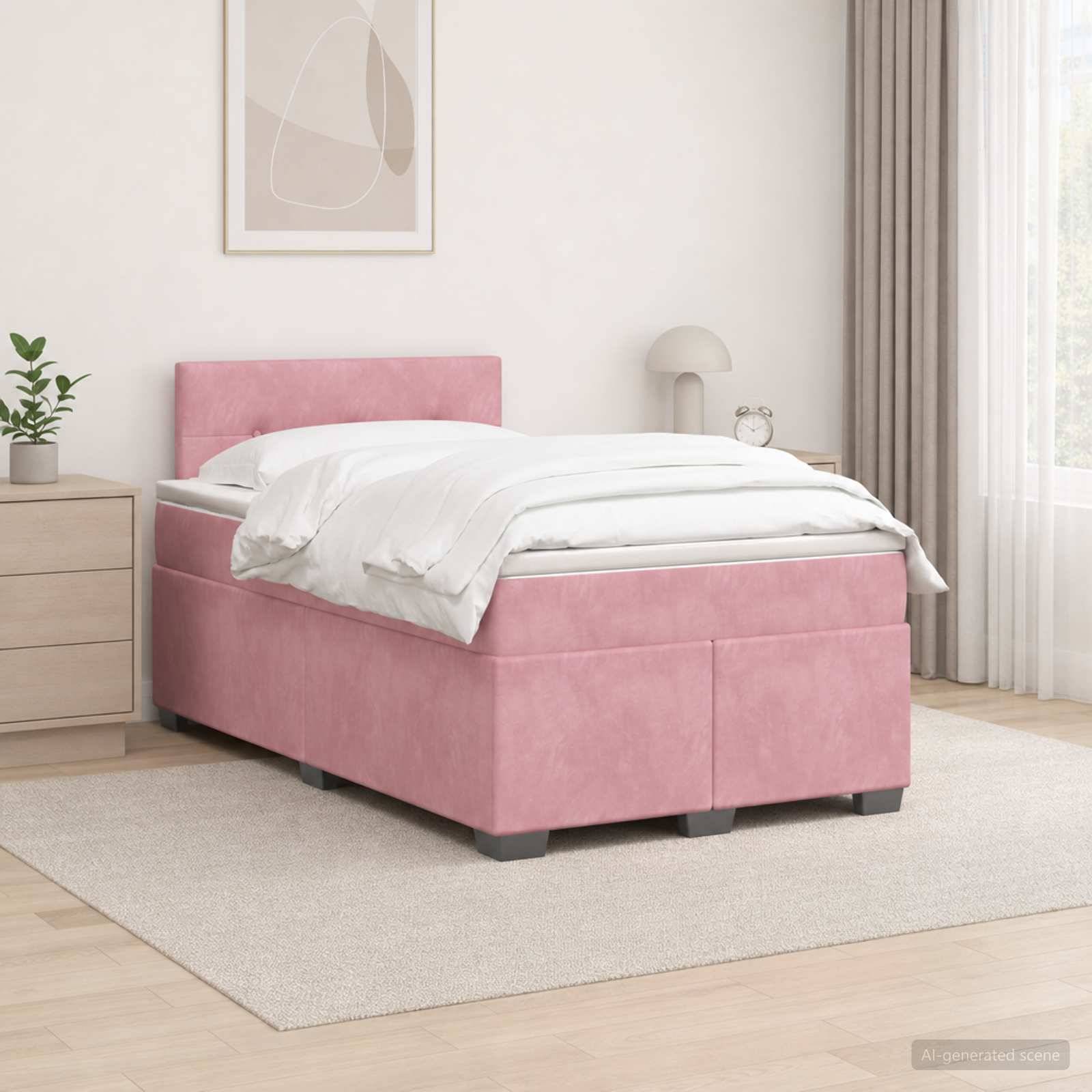 Rosa gepolstertes Einzelbett mit weißer Bettwäsche in einem hellen minimalistischen Schlafzimmer, neben einem Nachttisch und Fenstergardinen.