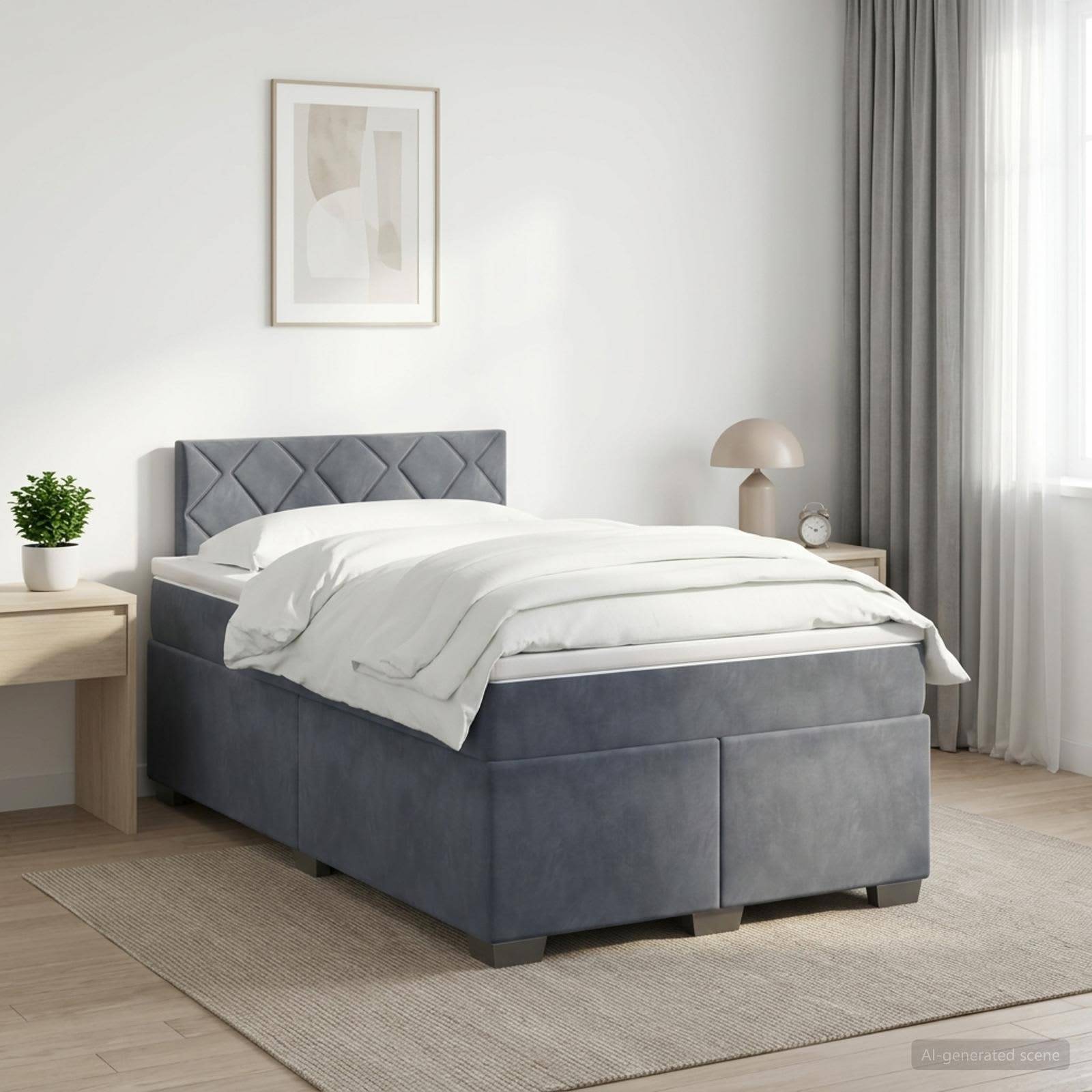 Modernes Schlafzimmer mit einem grau gepolsterten Bett, weißer Bettwäsche, Nachttischen, Lampe, Pflanze, gerahmten Wandbildern und weichem natürlichem Licht.