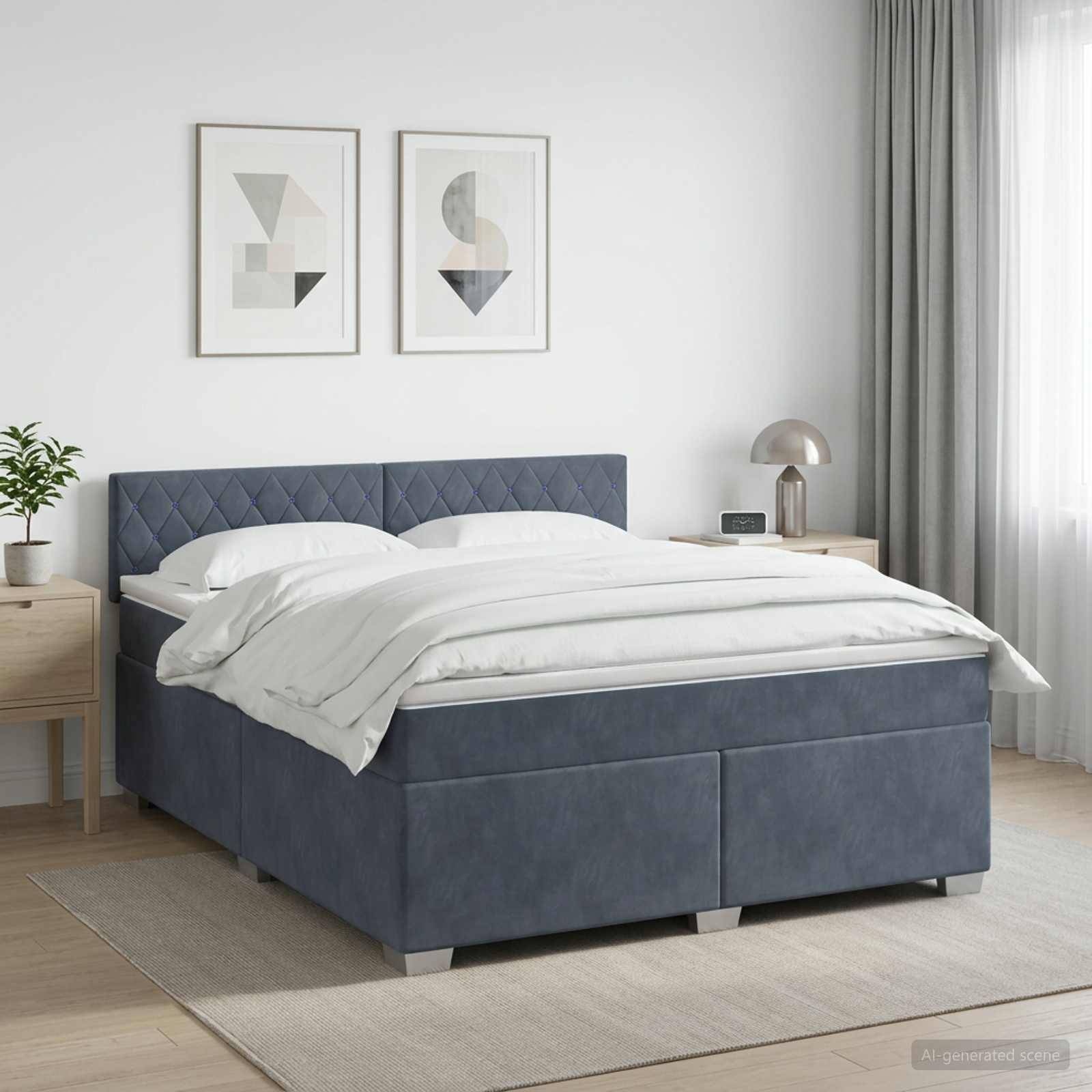 Modernes Schlafzimmer mit einem blau gepolsterten Bett, weißer Bettwäsche, zwei abstrakten Wanddrucken und Nachttischen neben einem Fenster mit Vorhängen.