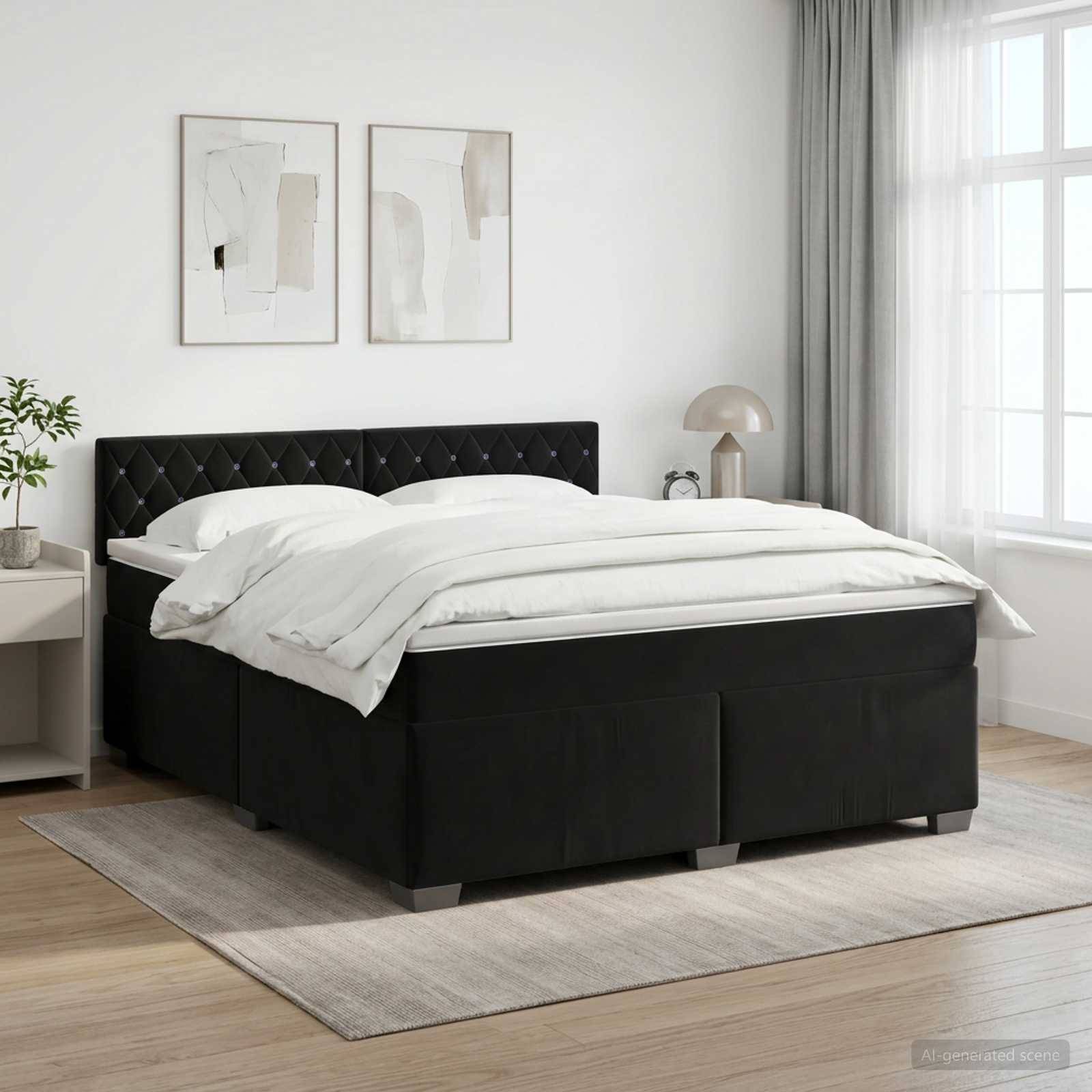 Minimalistisches weißes Schlafzimmer mit einem schwarz gepolsterten Bett, weißer Bettwäsche, Nachttisch, abstrakter Wandkunst und einem großen Fenster mit Vorhängen.