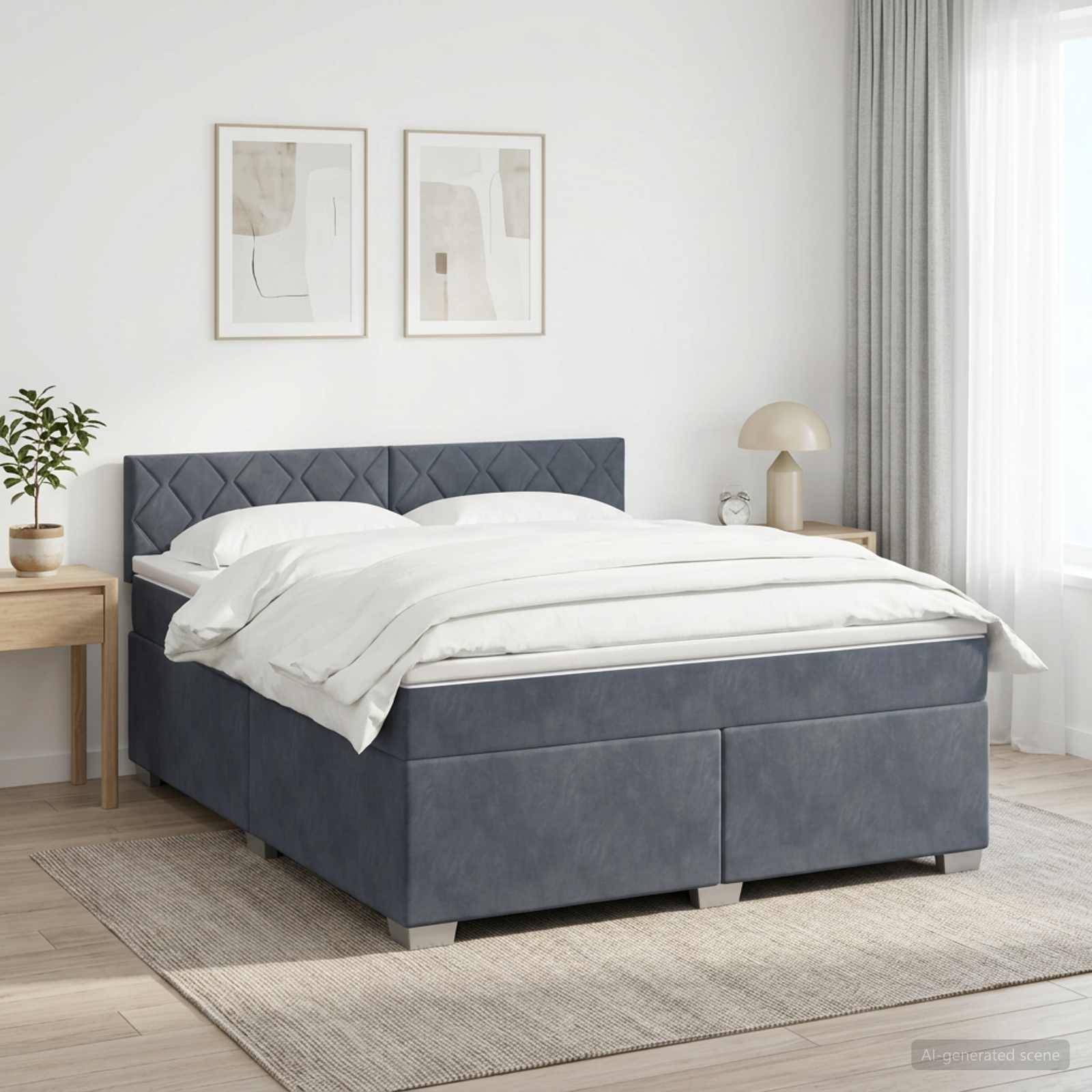 Modernes Schlafzimmer mit einem dunkelblau gepolsterten Bett, bezogen mit weißer Bettwäsche, flankiert von einem Nachttisch und einer Lampe, mit Bilderrahmen und transparenten Vorhängen.