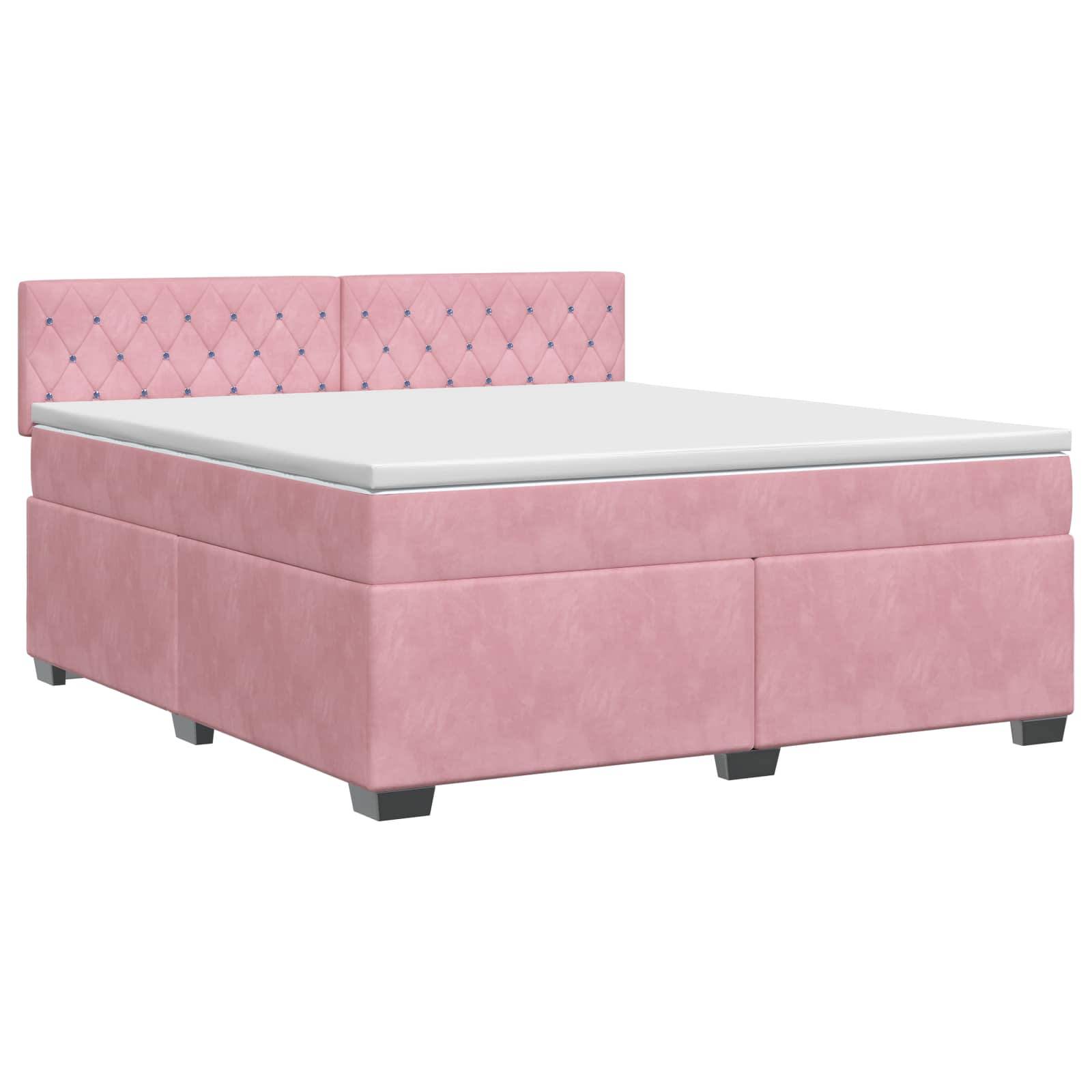 Rosa gepolstertes Bett mit gestepptem Kopfteil und Speicherbasis, abgebildet mit einer Matratze auf weißem Hintergrund.
