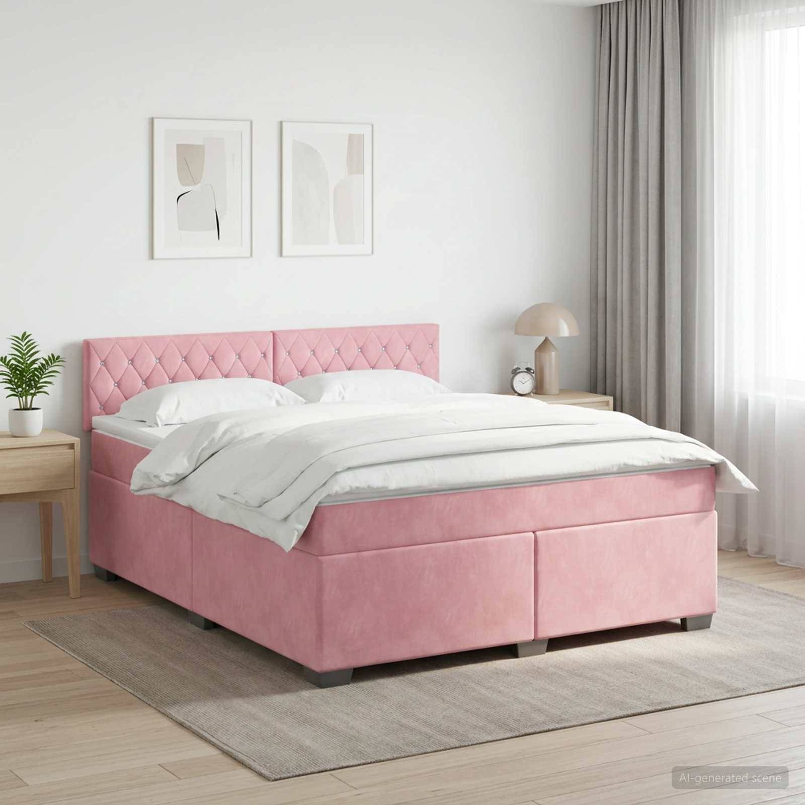 Rosa gepolstertes Bett mit gestepptem Kopfteil und weißer Bettwäsche in einem hellen minimalistischen Schlafzimmer mit Nachttischen, gerahmten Kunstwerken und Vorhängen.
