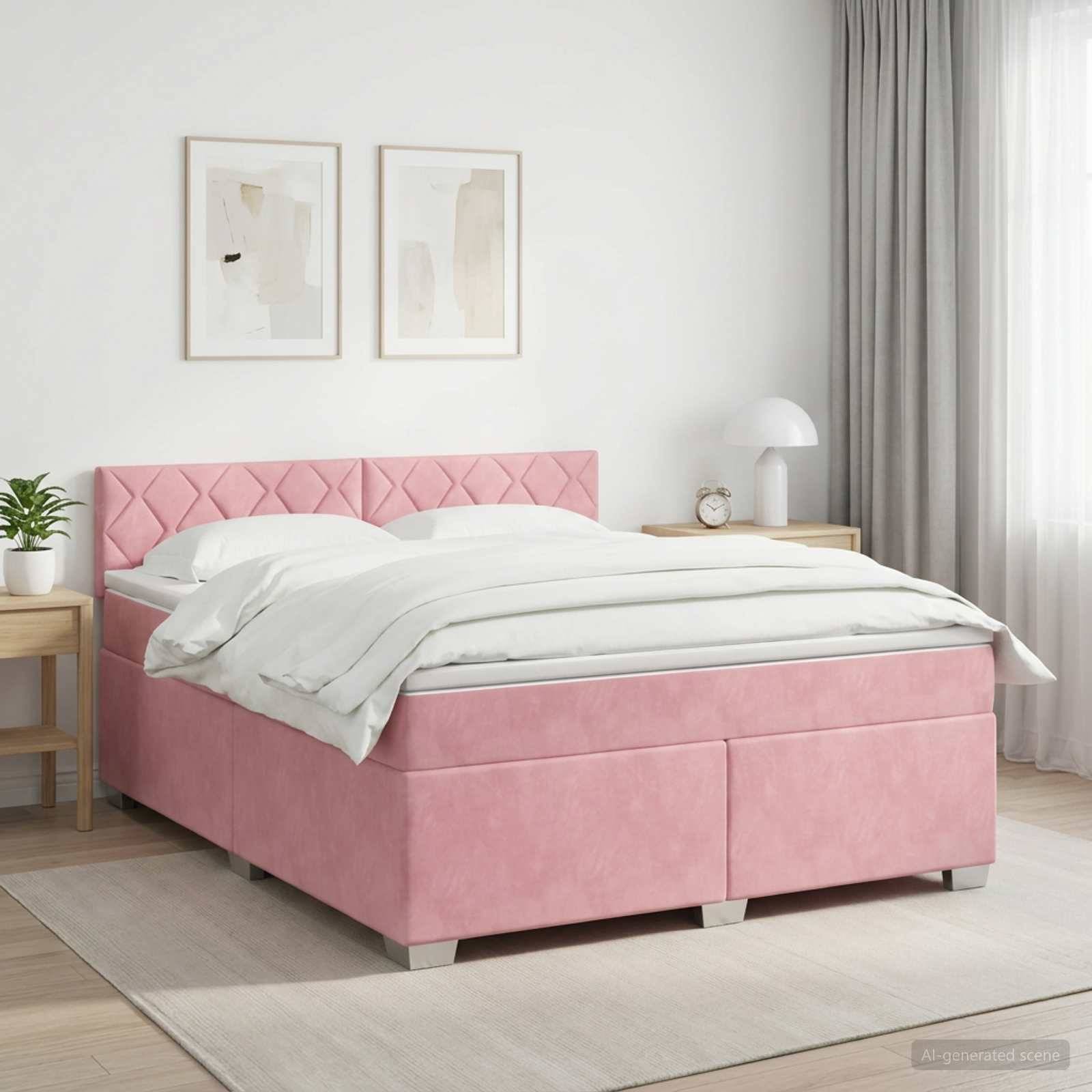 Bett mit rosafarbener Polsterung und weißer Bettwäsche in einem hellen minimalistischen Schlafzimmer, neben kleinen Holznachttischen und gerahmten Wandkunstwerken.