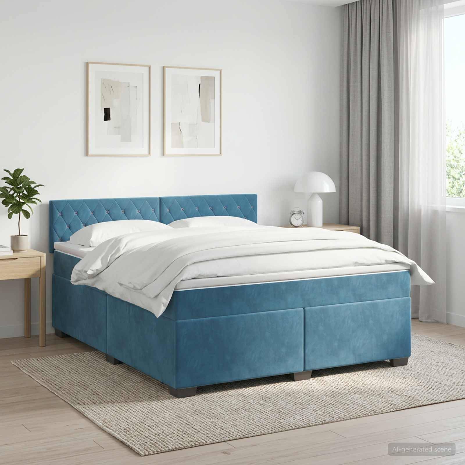 Ein modernes Schlafzimmer mit einem blaugepolsterten Bett, das mit weißer Bettwäsche bezogen ist, neben einem kleinen Nachttisch, einer Lampe, einer Pflanze und Fenstervorhängen.