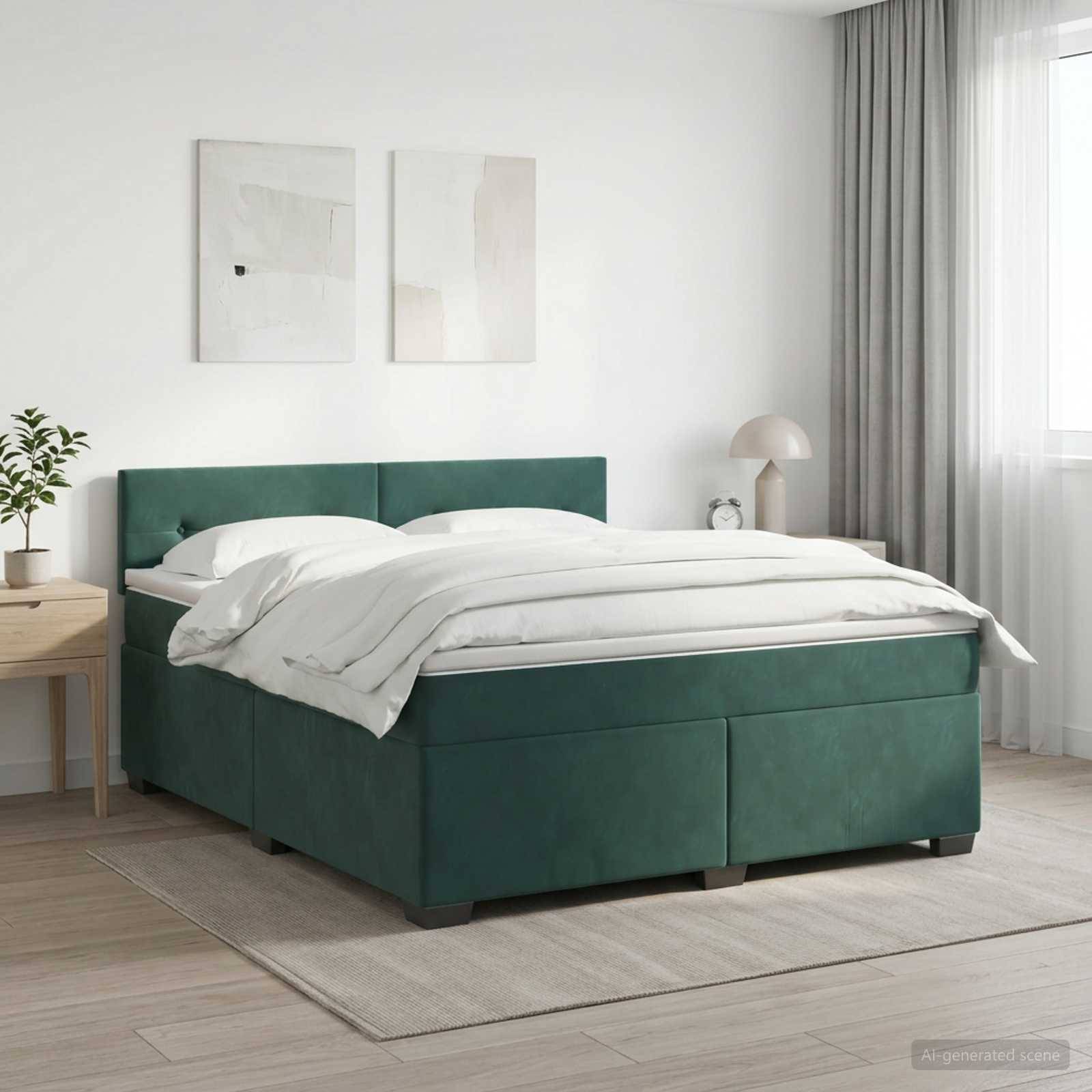 Modernes Schlafzimmer mit einem grün gepolsterten Bett, bezogen mit weißer Bettwäsche, neben einem Nachttisch und einer Lampe, in einem hellen, minimalistischen Raum.