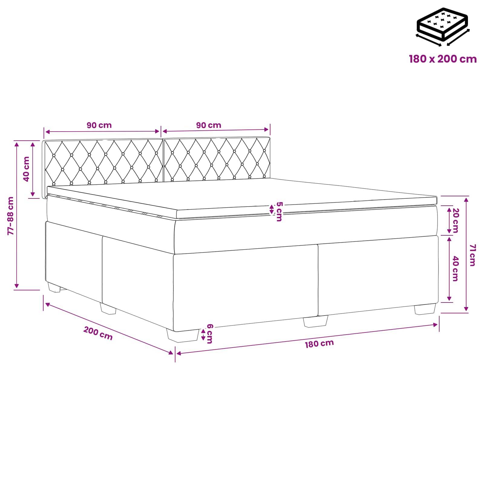 Maßstabsgetreue Zeichnung eines gepolsterten Speicherbettes mit gestepptem Kopfteil, beschriftet für eine 180 x 200 cm Matratze; zeigt Gesamtbettmaße und Höhendetails.