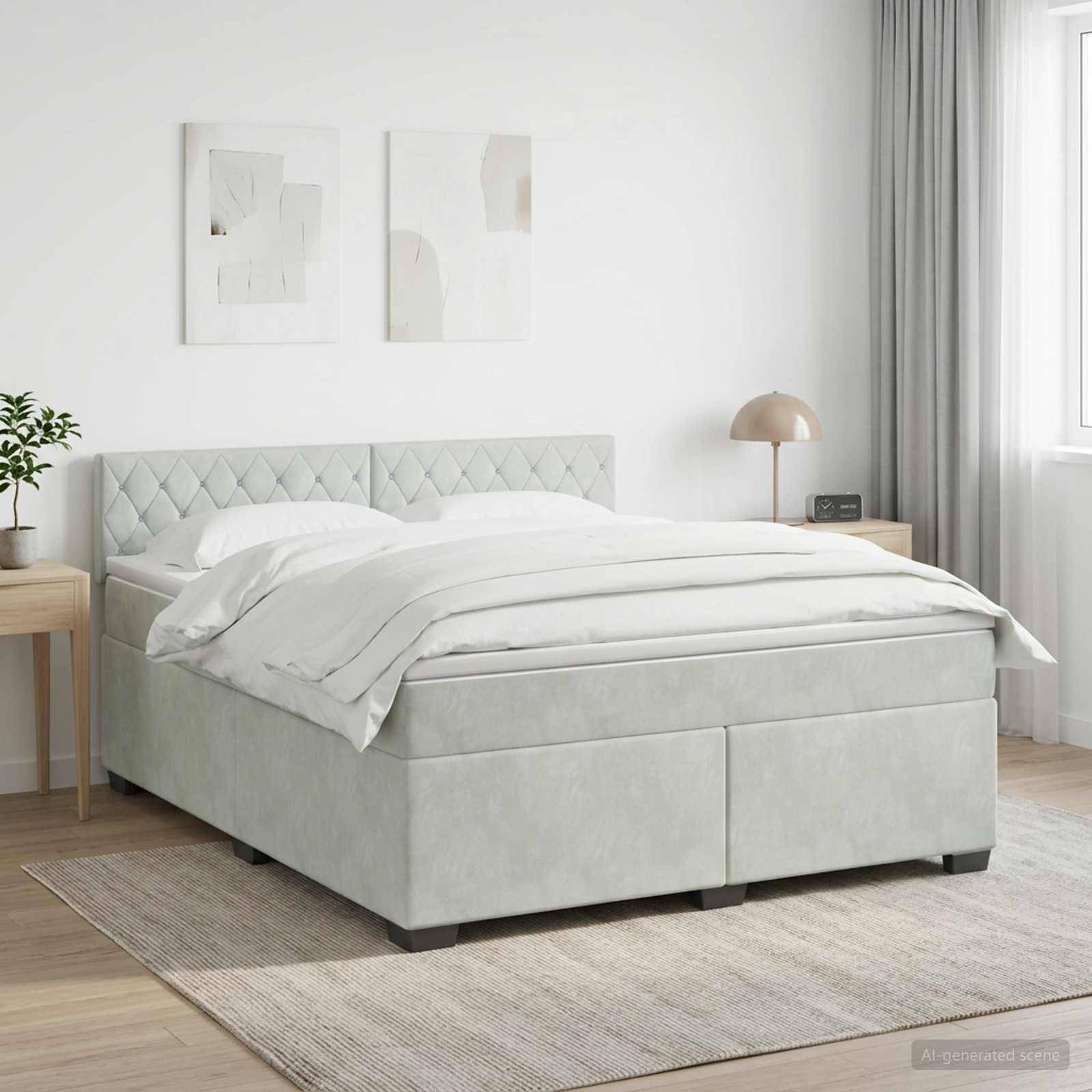 Ein ordentlich gemachtes, hellgraues Polsterbett mit getuftetem Kopfteil in einem hellen, minimalistischen Schlafzimmer mit Nachttischen, Lampe, Vorhängen und Wandkunst.