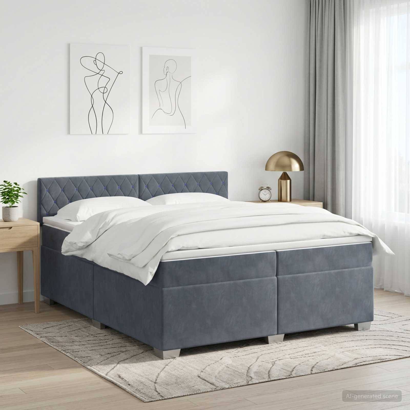 Modernes Schlafzimmer mit einem grau gepolsterten Bett, weißer Bettwäsche, Nachttischen, Lampe, Wandkunst und durchsichtigen Vorhängen an einem hellen Fenster.