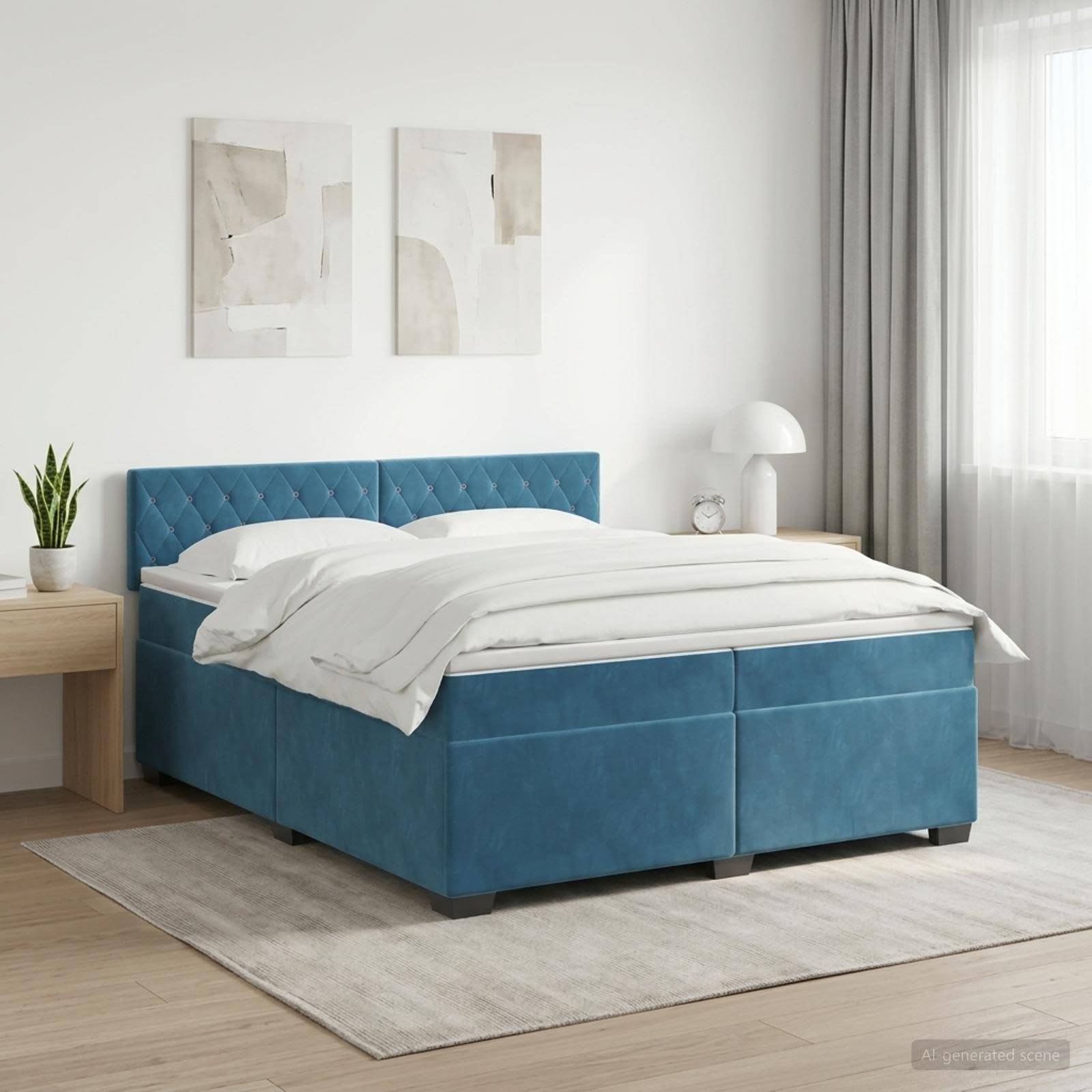 Bett mit blauem Polsterstoff und weißer Bettwäsche in einem hellen, minimalistischen Schlafzimmer neben einem Nachttisch, einer Lampe, einer Pflanze und einem Fenster.
