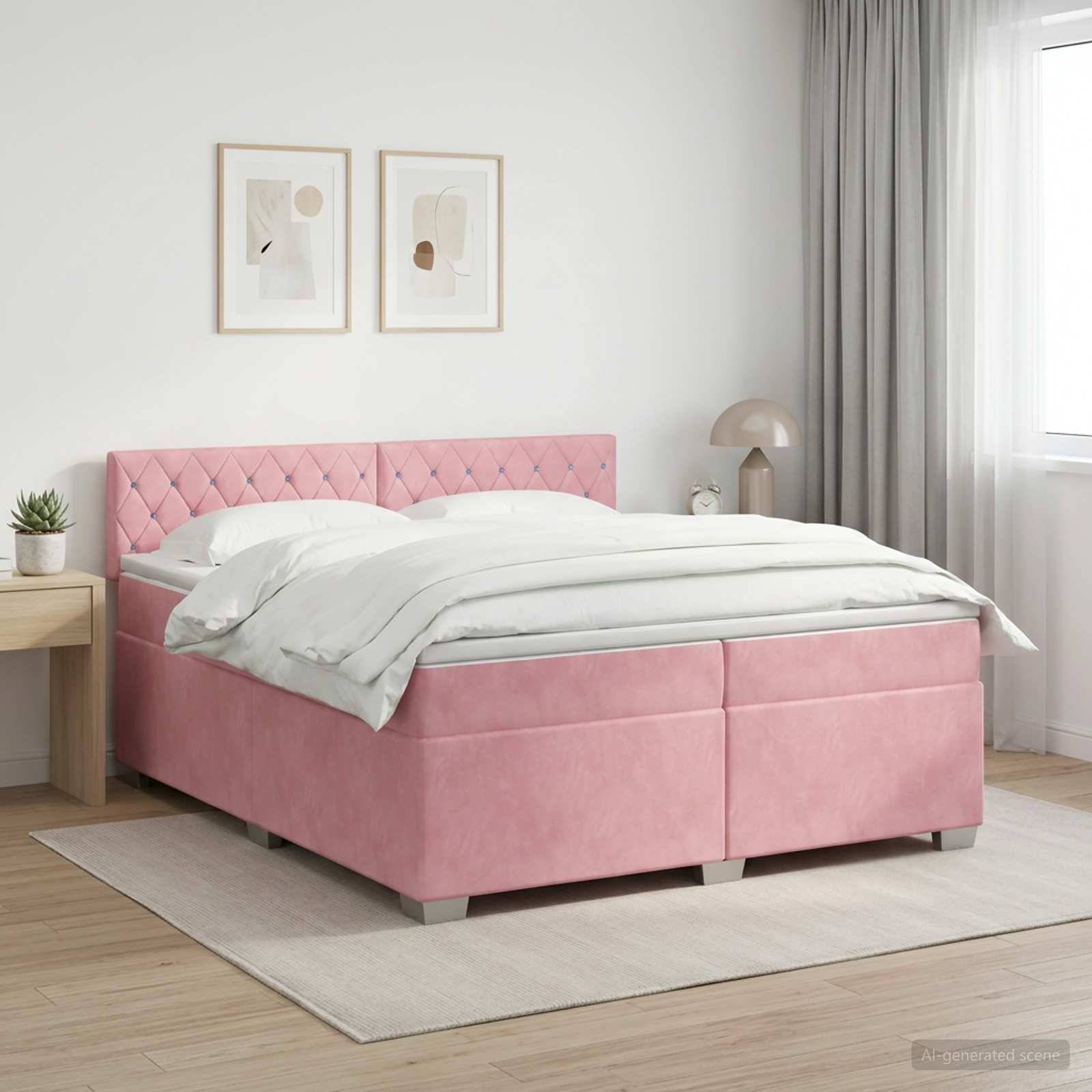 Rosiges, gepolstertes Doppelbett mit gestepptem Kopfteil in einem hellen, minimalistischen Schlafzimmer mit weißer Bettwäsche und gerahmten Wandgemälden.