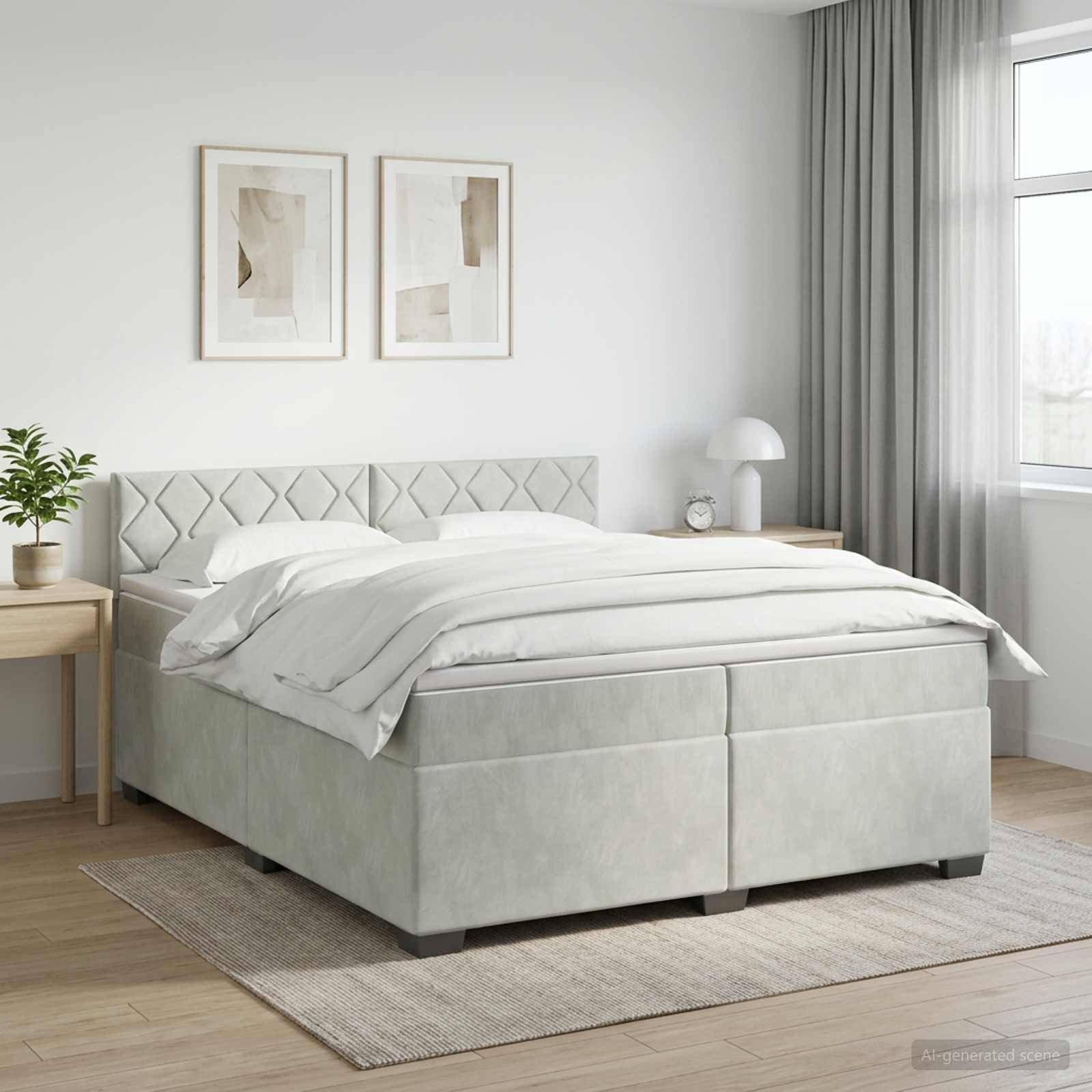 Modernes Schlafzimmer mit einem grau gepolsterten Bett, weißer Bettwäsche, Nachttischen, gerahmter Wandkunst und einem Fenster mit Vorhängen in einem hellen minimalistischen Raum.