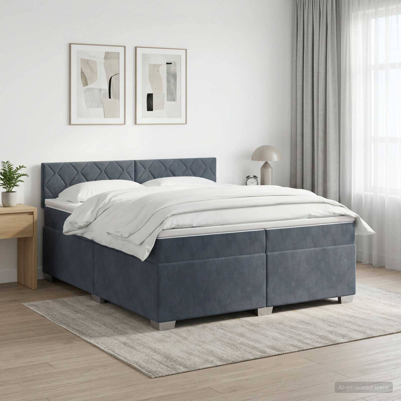 Modernes Schlafzimmer mit einem grau gepolsterten Bett, weißer Bettwäsche, gerahmtem Wandkunstwerk, Nachttisch, Lampe und durchsichtigen Vorhängen in einem hellen, minimalistischen Raum.