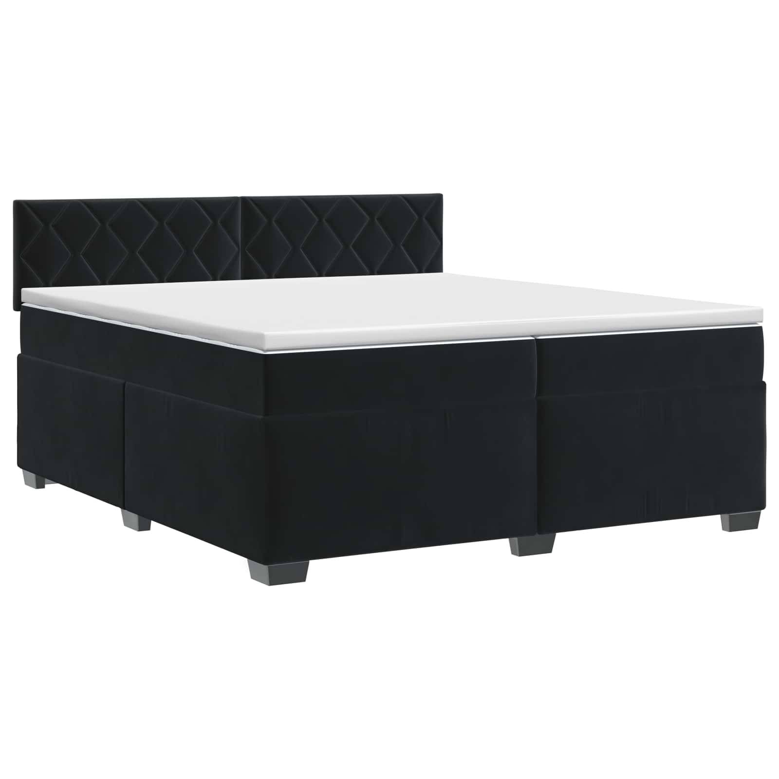 Schwarzes gepolstertes Bett mit gestepptem Kopfteil und weißer Matratze auf weißem Hintergrund.