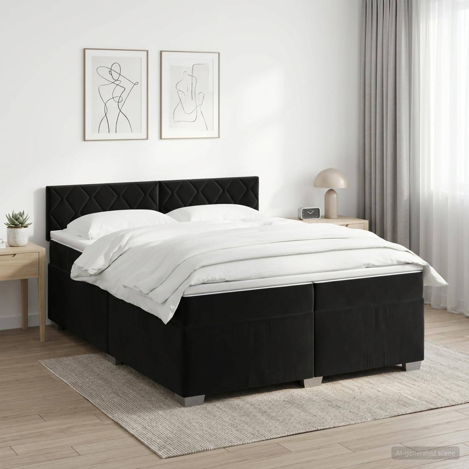 Modernes Schlafzimmer mit einem schwarzen gepolsterten Bett, weißer Bettwäsche, Nachttischen, gerahmten Linienzeichnungen und transparenten Vorhängen in einem hellen, minimalistischen Raum.