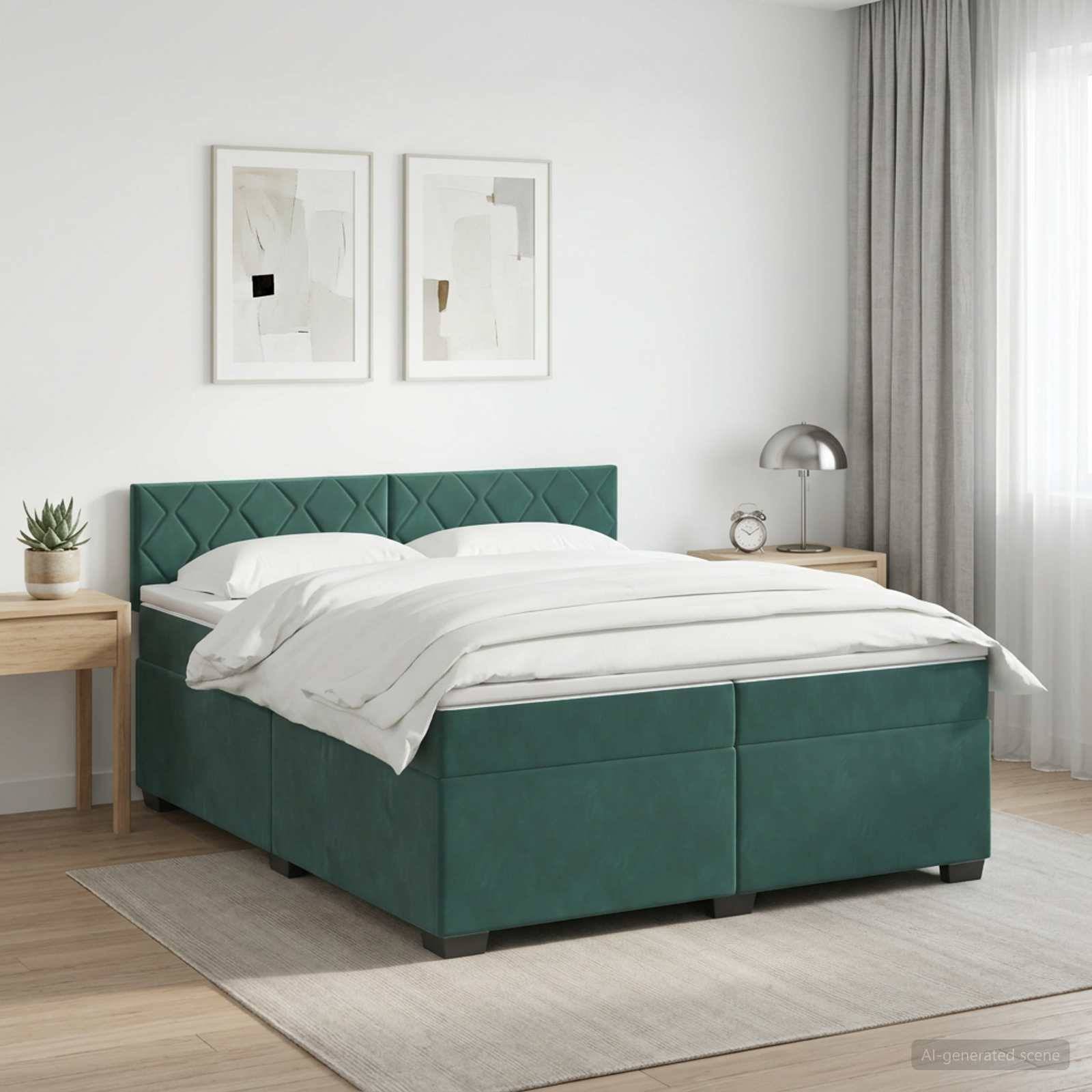 Ein modernes Schlafzimmer mit einem blaugrün gepolsterten Bett, weißer Bettwäsche, Nachttischen, gerahmten Wandbildern und weichem Naturlicht aus einem Fenster.