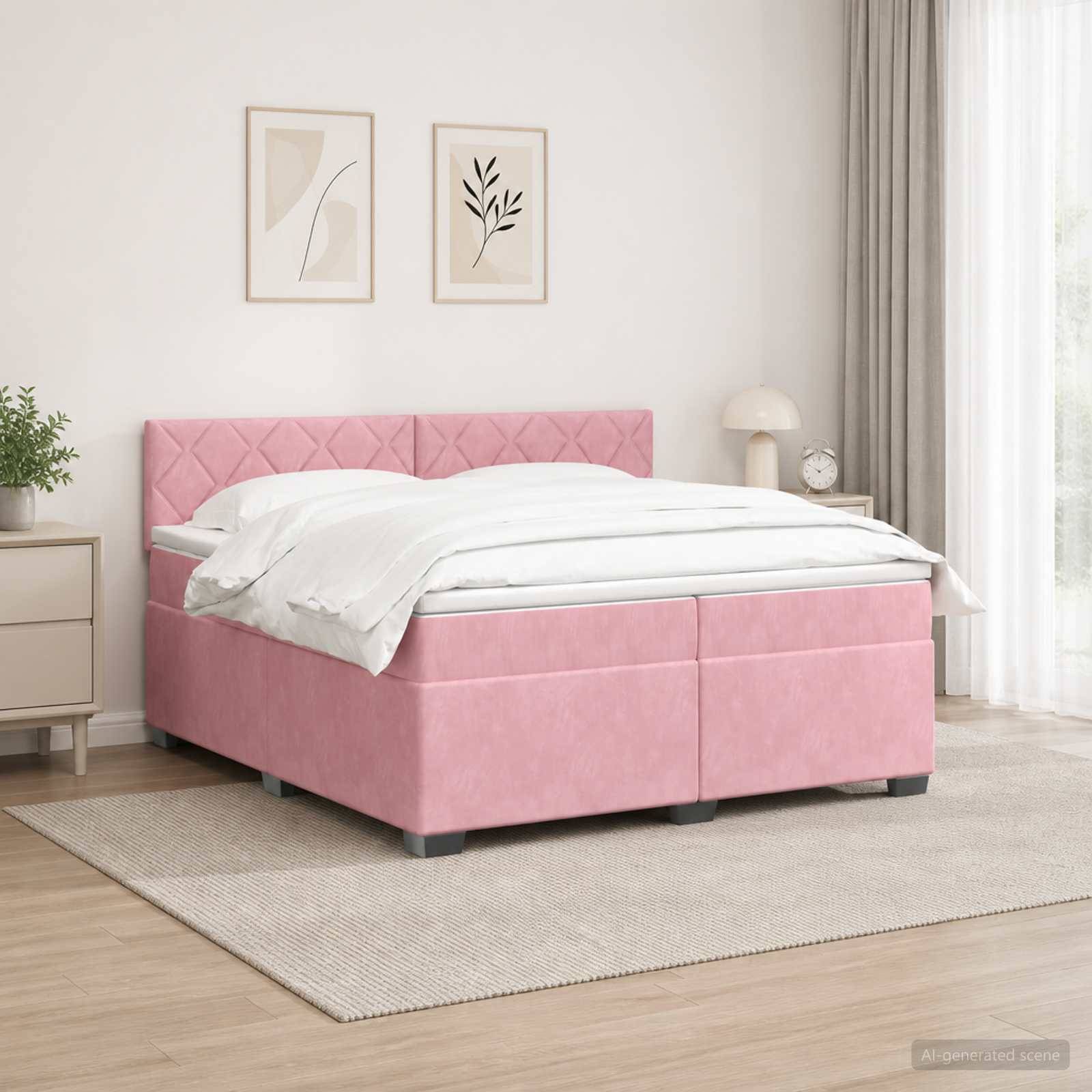 Rosa gepolstertes Speicherbett mit weißer Bettwäsche in einem hellen, minimalistischen Schlafzimmer mit Nachttisch, Lampe, Teppich und gerahmter Wandkunst.