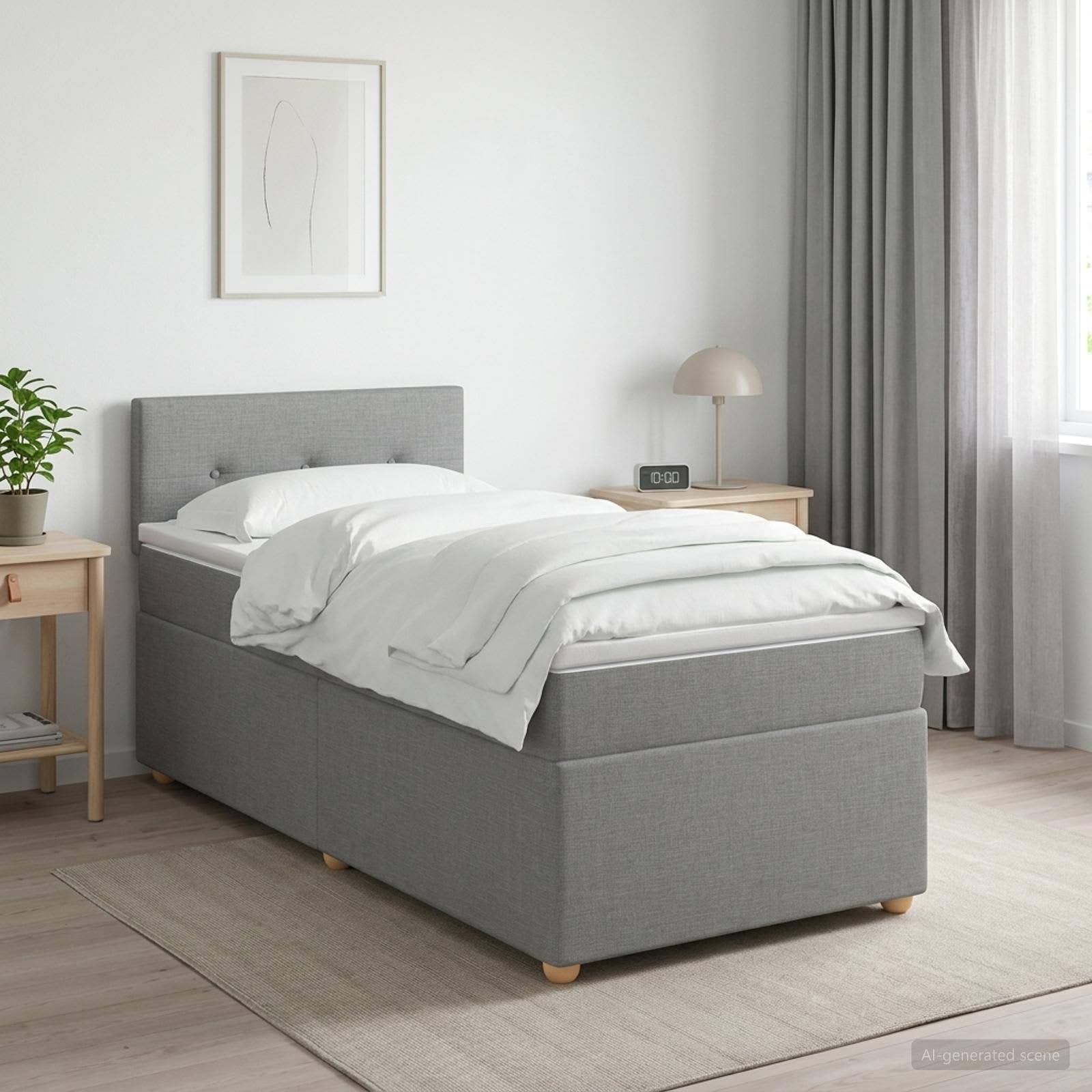 Grau gepolstertes Bett in einem hellen minimalistischen Schlafzimmer, ausgestattet mit weißer Bettwäsche, Nachttischen, Lampe, Pflanze und Vorhängen.