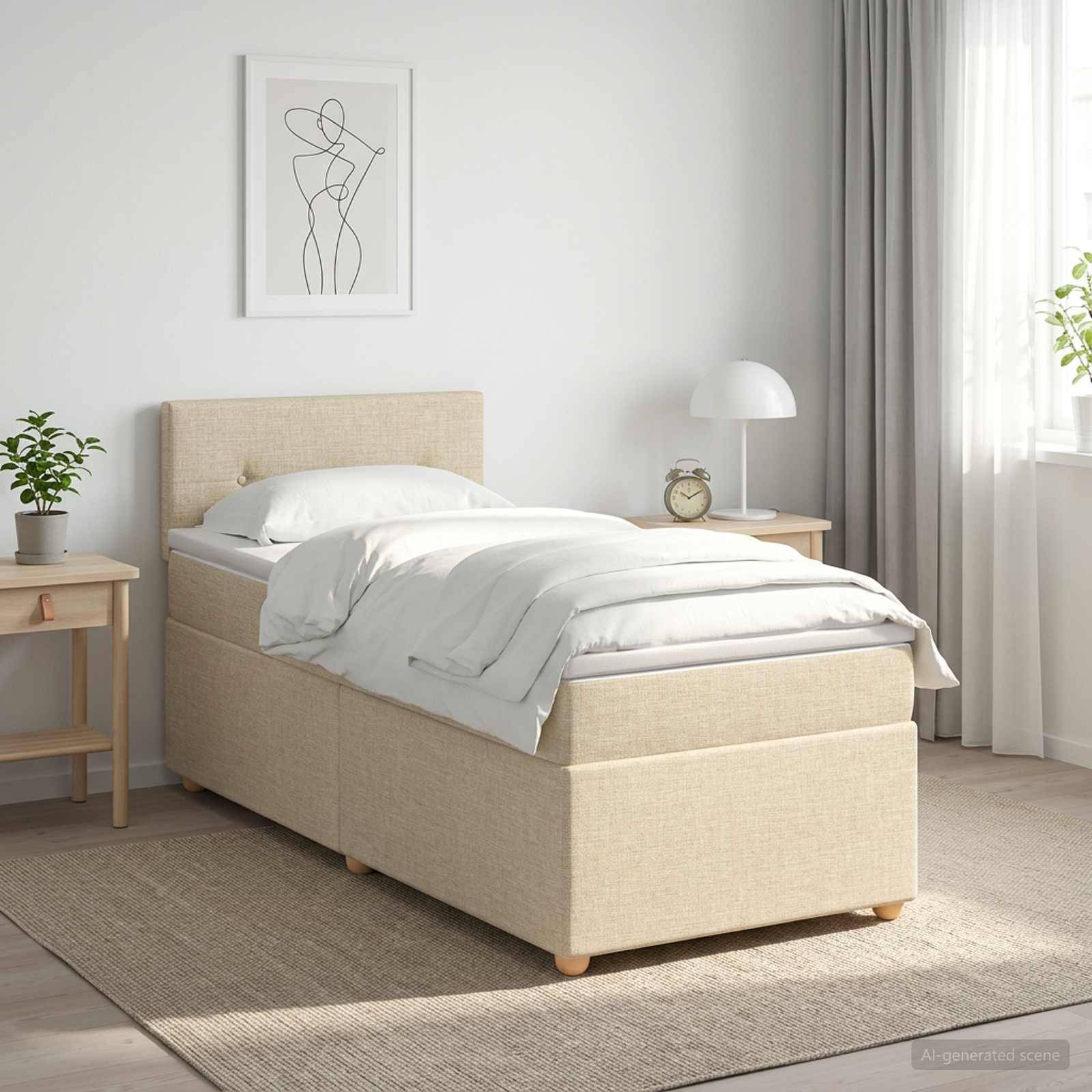 Minimalistisches Schlafzimmer mit beige gepolstertem Einzelbett, weißer Bettwäsche, Nachttischen, Lampe, Uhr, Pflanze und hellem Fensterlicht
