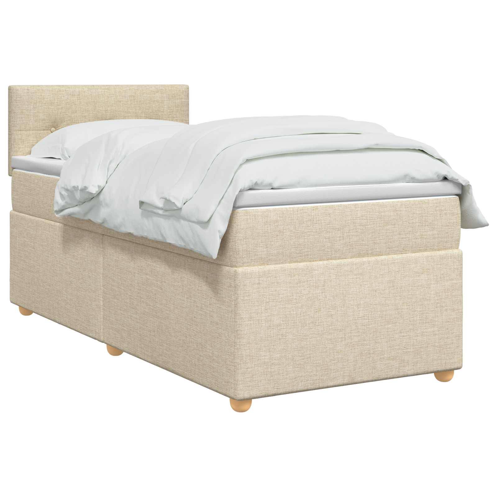 Beige gepolstertes Einzelbett mit passendem Kopfteil und weißer Bettwäsche auf weißem Hintergrund.