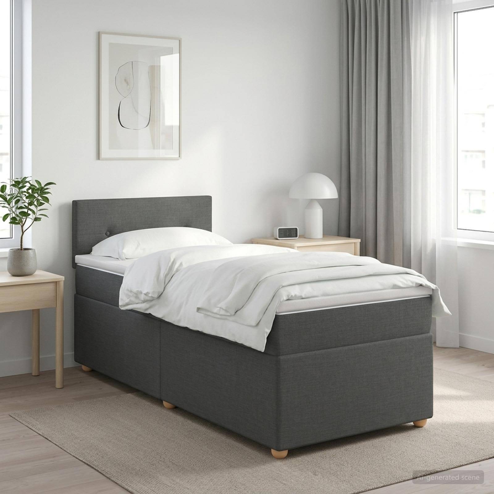 Minimales Schlafzimmer mit einem grau gepolsterten Einzelbett, weißer Bettwäsche, Nachttischen, Lampe, Pflanze, gerahmter Wandkunst und Fenster mit Vorhängen.