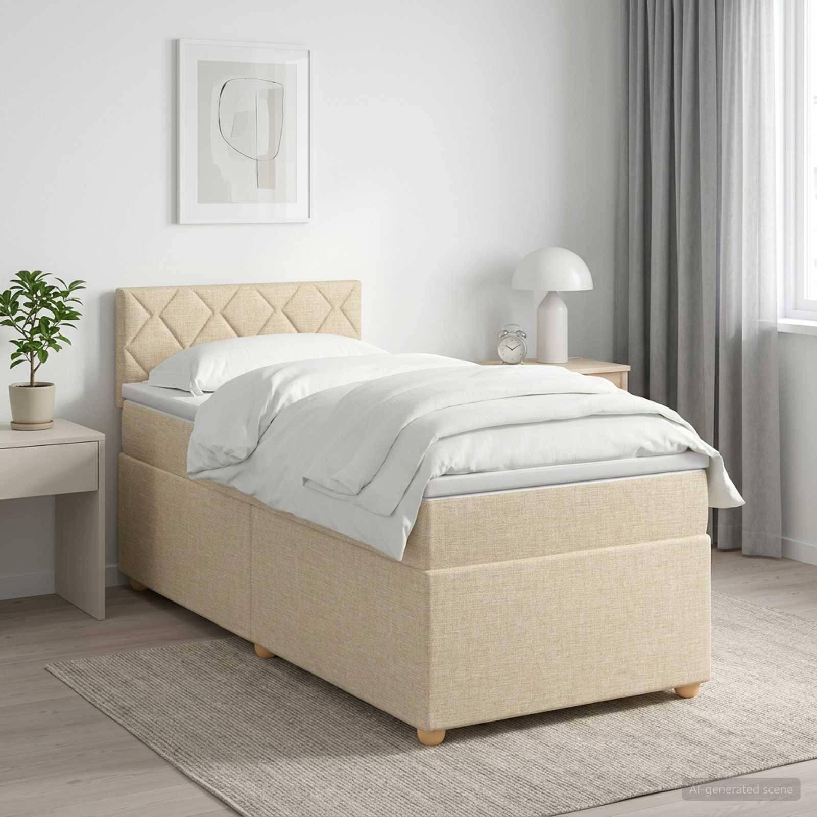 Ein ordentlich gemachtes beiges gepolstertes Bett mit weißer Bettwäsche in einem hellen, minimalistischen Schlafzimmer, neben einem Nachttisch, einer Lampe, einer Pflanze und einem Fenster mit Vorhängen.