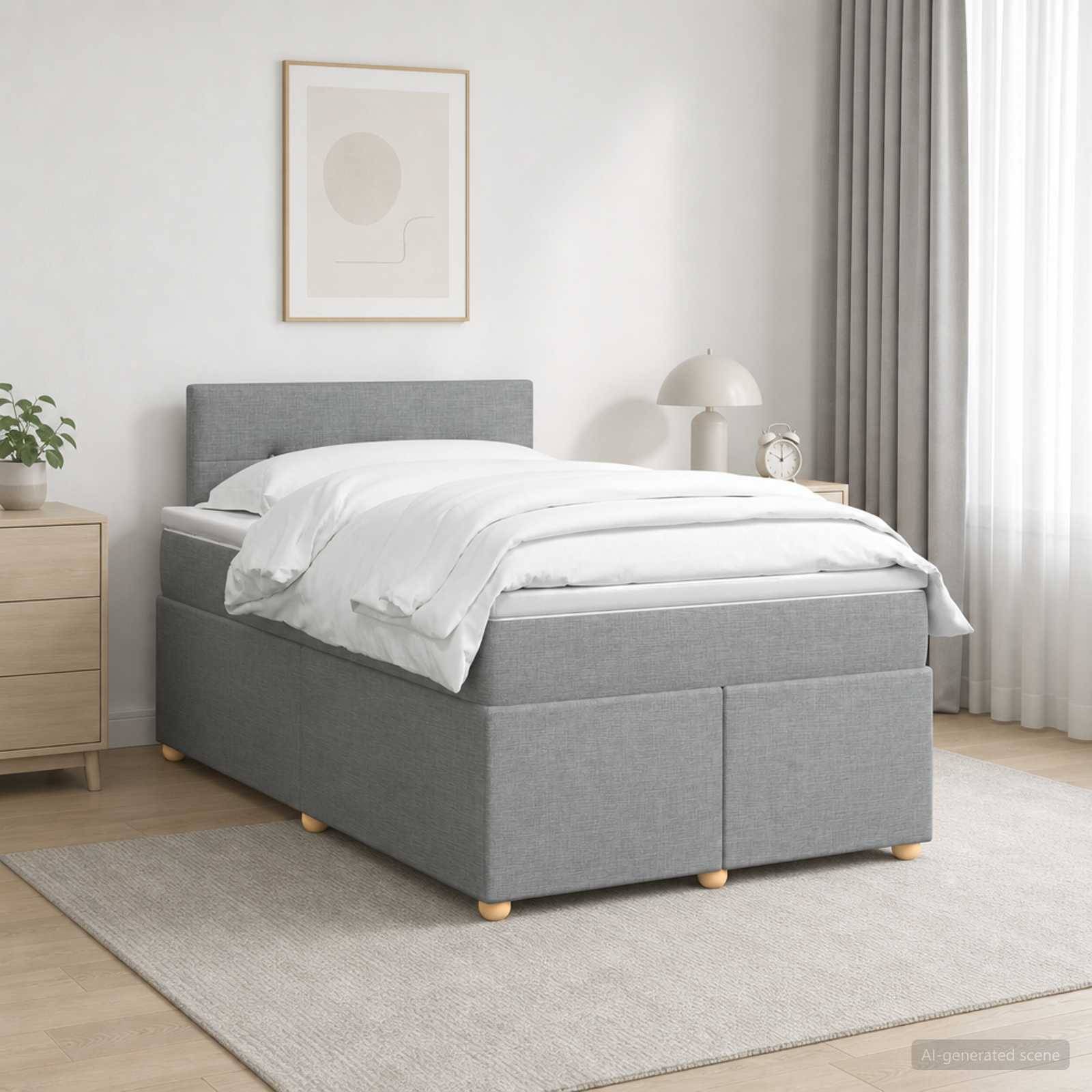 Grau gepolstertes Speicherbett mit weißer Bettwäsche in einem minimalistischen Schlafzimmer, neben einem Nachttisch, einer Lampe, einer Uhr und gerahmter Wandkunst.