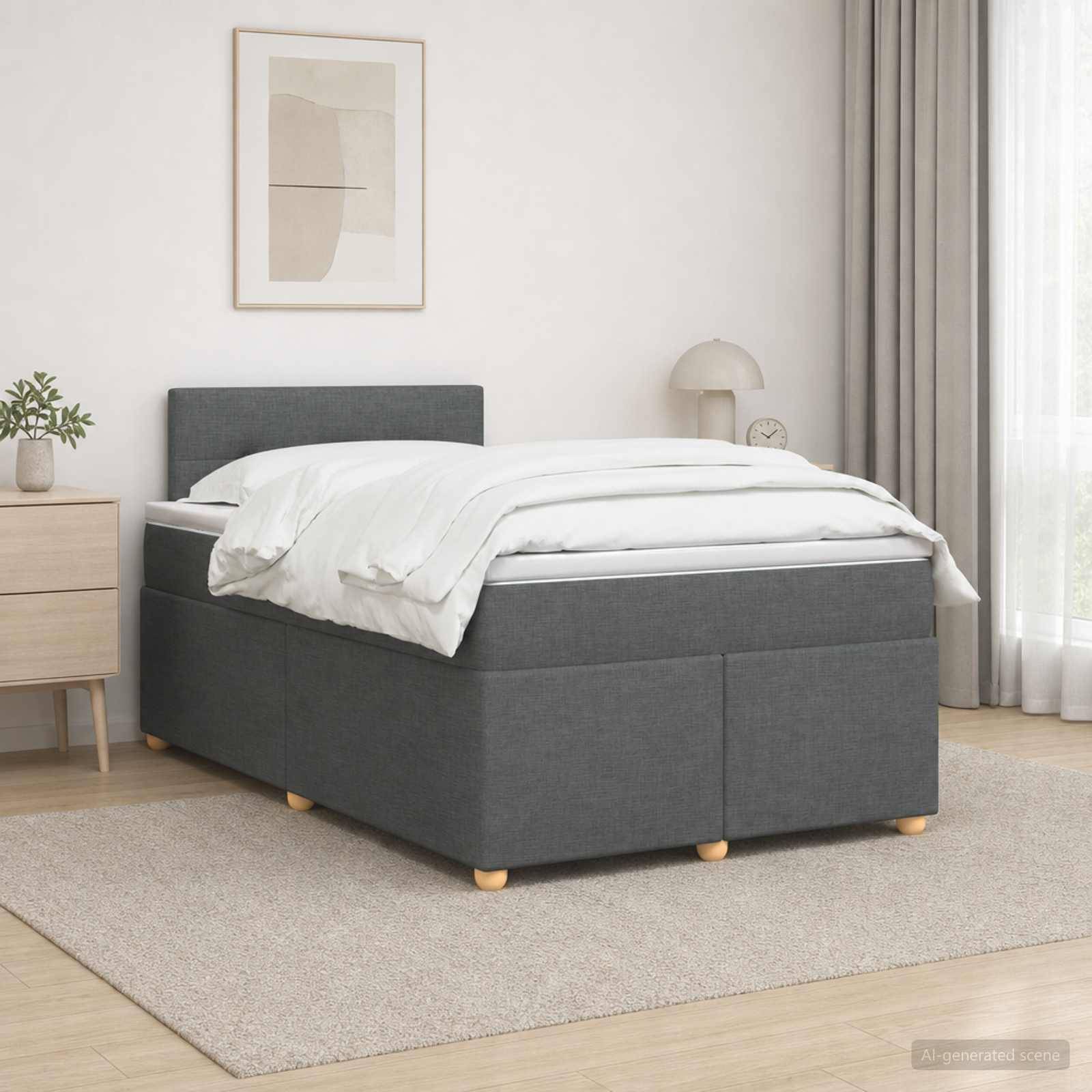 Graugepolstertes Einzelbett in einem hellen Schlafzimmer, mit weißer Bettwäsche, Nachttisch, Lampe und gerahmten Wandbildern.