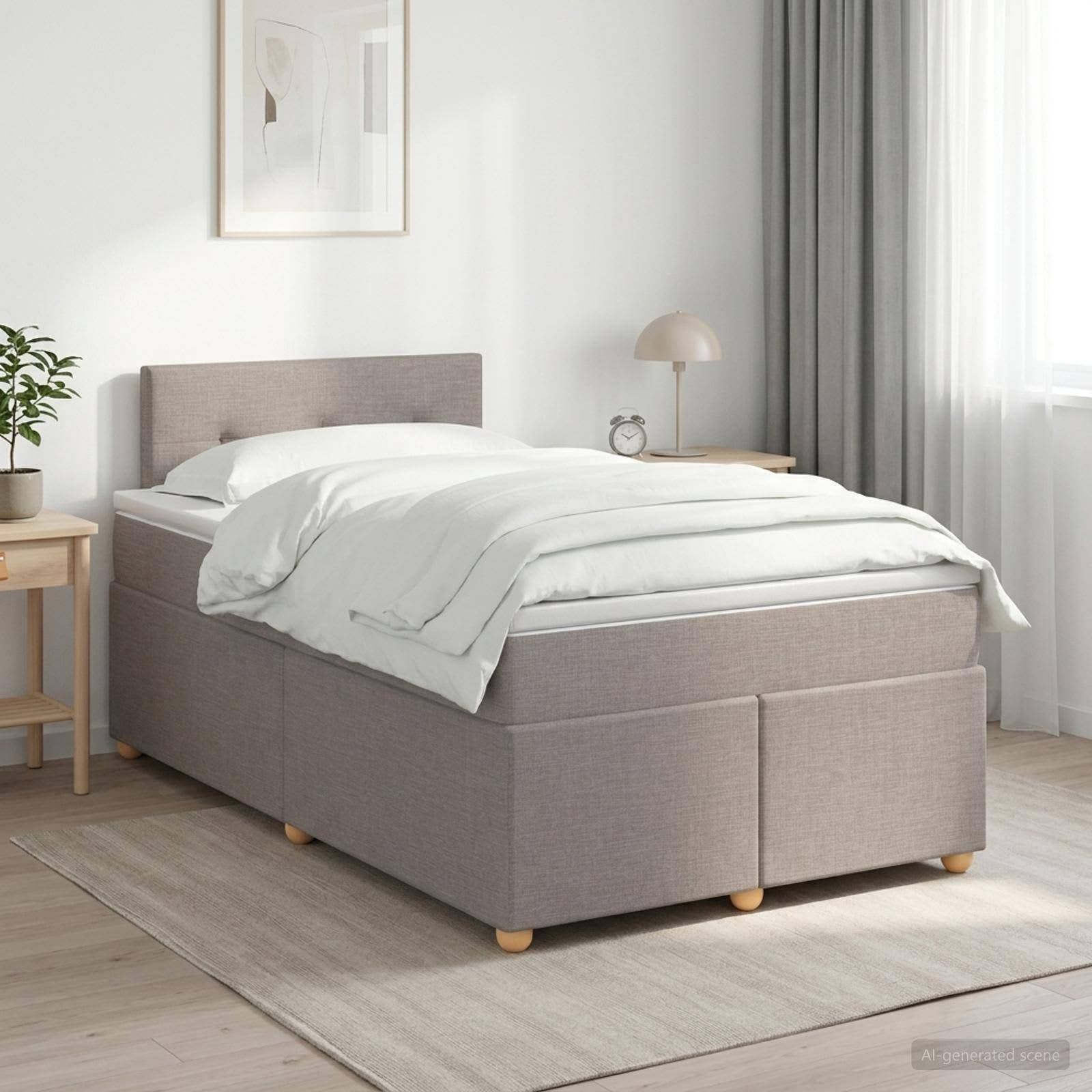 Minimales Schlafzimmer mit einem grau gepolsterten Einzelbett, weißer Bettwäsche, Nachttisch, Lampe und sanftem Tageslicht durch ein Fenster.