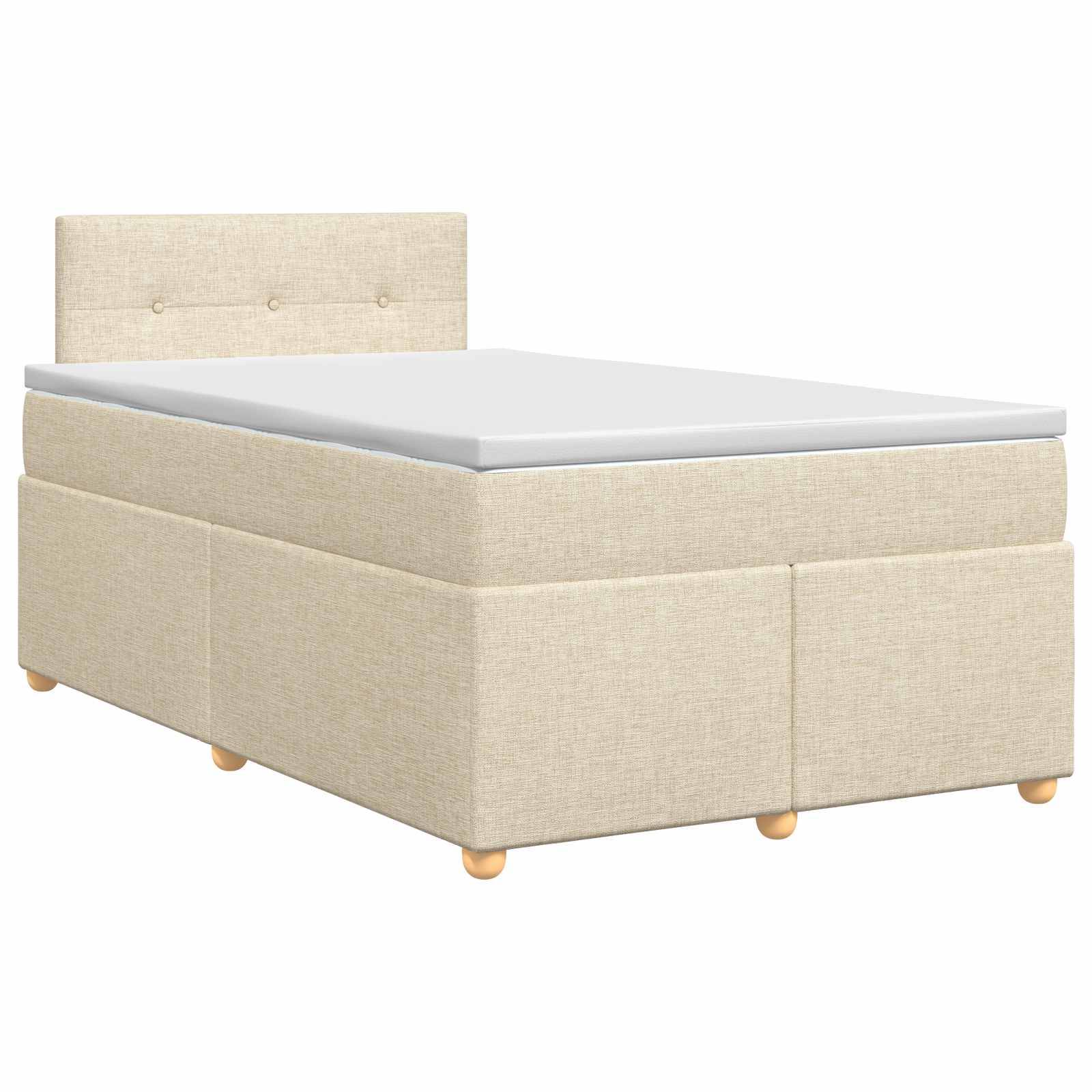 Beigefarbenes Einzelbett mit gepolstertem Kopfteil und weißer Matratze vor einfarbigem Hintergrund.