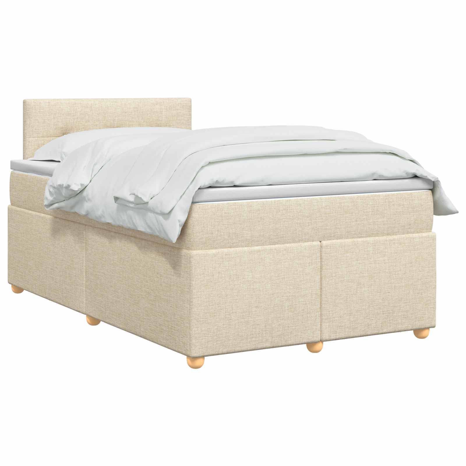 Beiges gepolstertes Einzelbett mit einer weißen Bettdecke und einem Kissen auf neutralem Hintergrund.