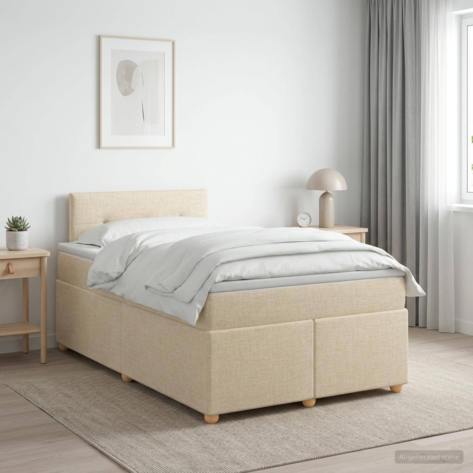 Ein ordentlich gemachtes beige gepolstertes Bett in einem hellen, minimalistischen Schlafzimmer mit Nachttischen, Lampe, Bilderrahmen, Vorhängen und einem Teppich.