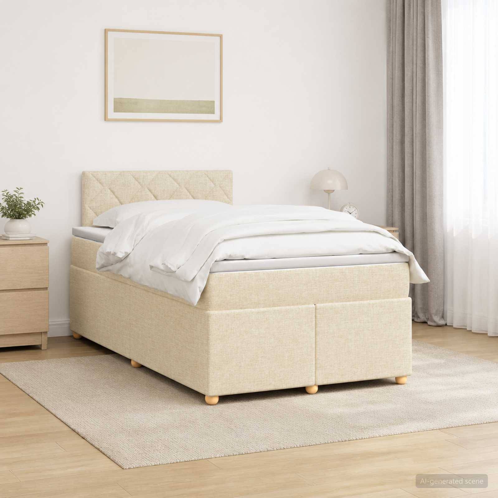 Minimales beiges Schlafzimmer mit gemachtem Bett, Nachttisch, Lampe, Bilderrahmen an der Wand, Vorhängen und hellem Teppich auf Holzboden.