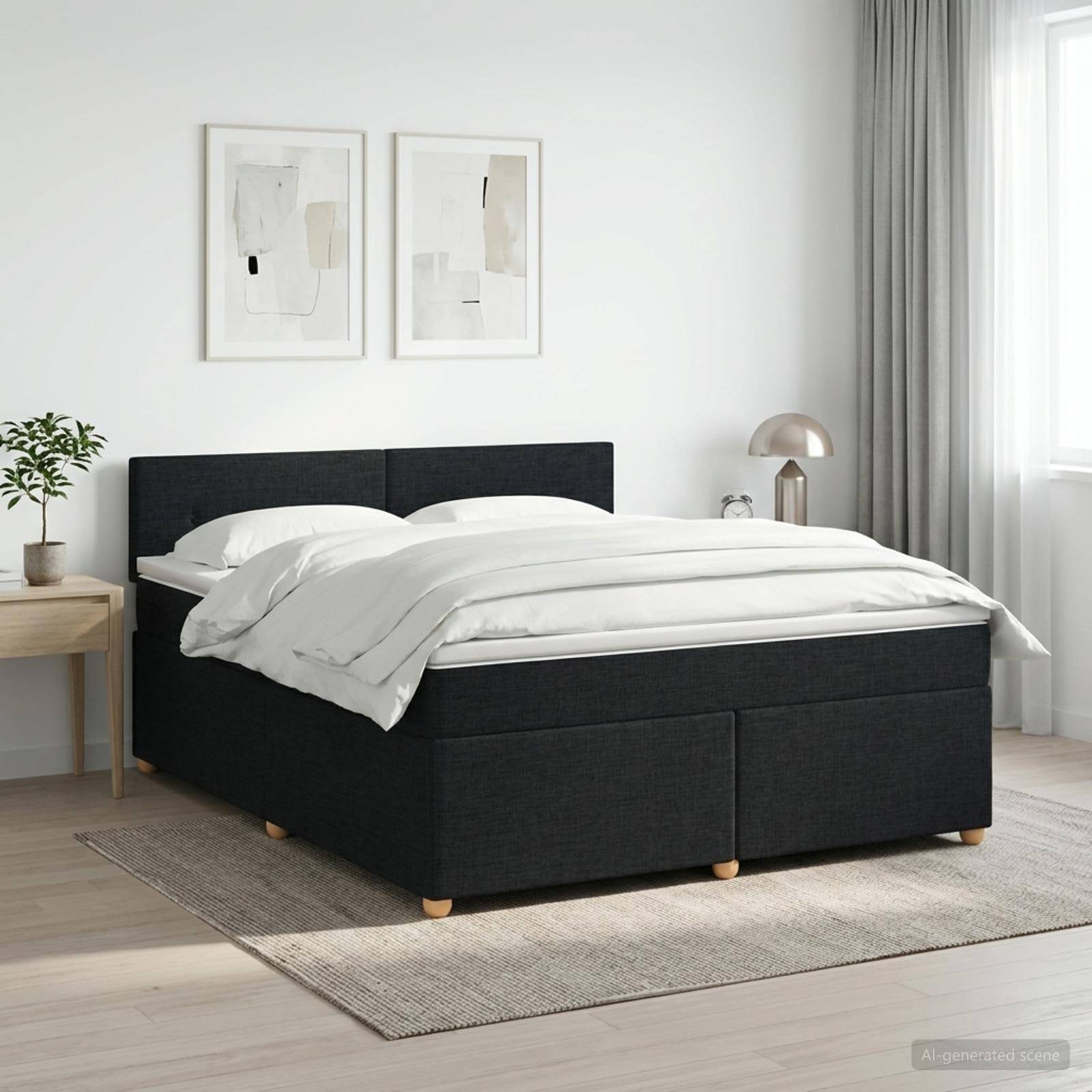 Modernes Schlafzimmer mit einem schwarzen gepolsterten Bett, weißer Bettwäsche, Nachttisch, gerahmter Wandkunst, Lampe und großem Fenster mit Vorhängen.