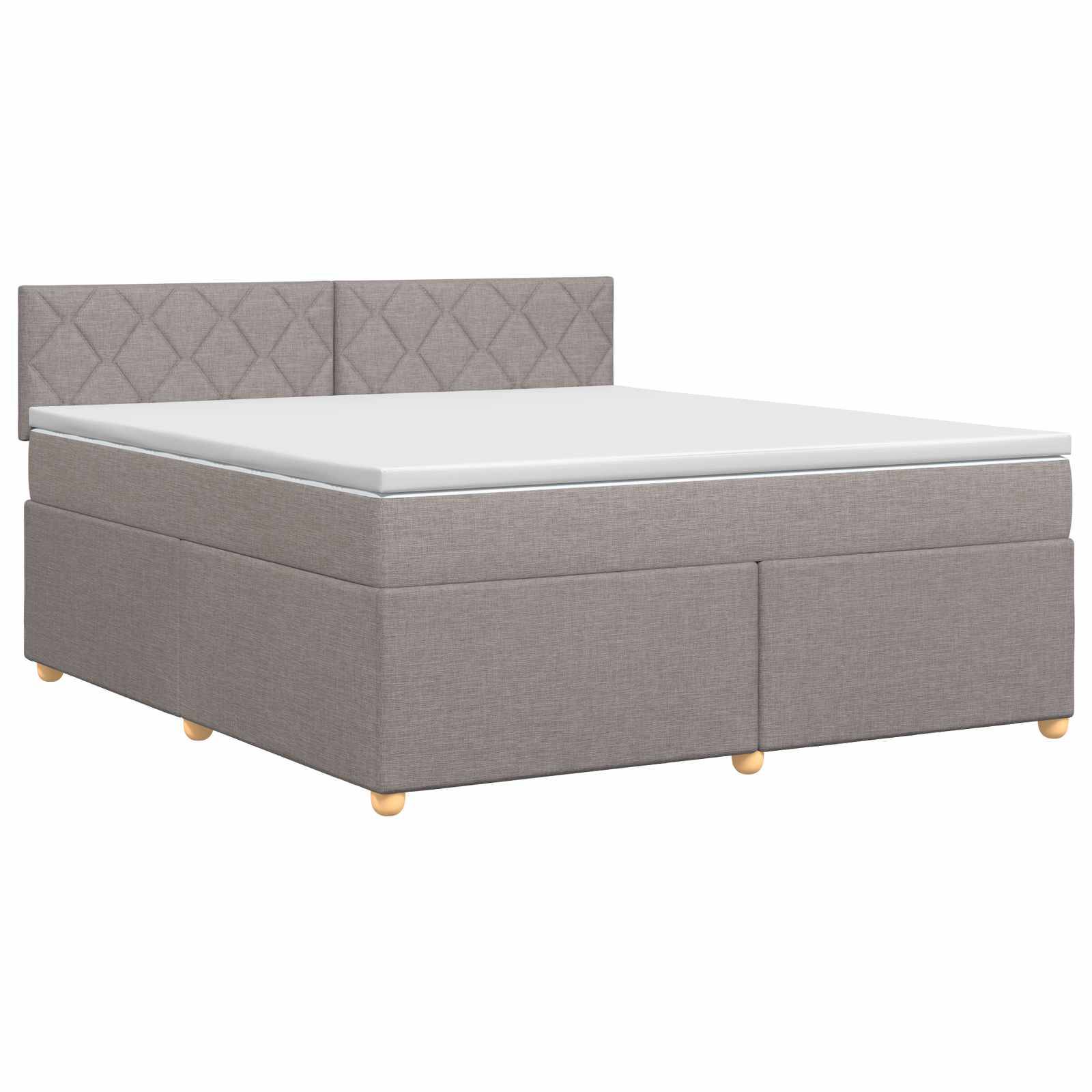Grau gepolstertes Kingsize-Bett mit Kopfteil und weiße Matratze auf weißem Hintergrund.